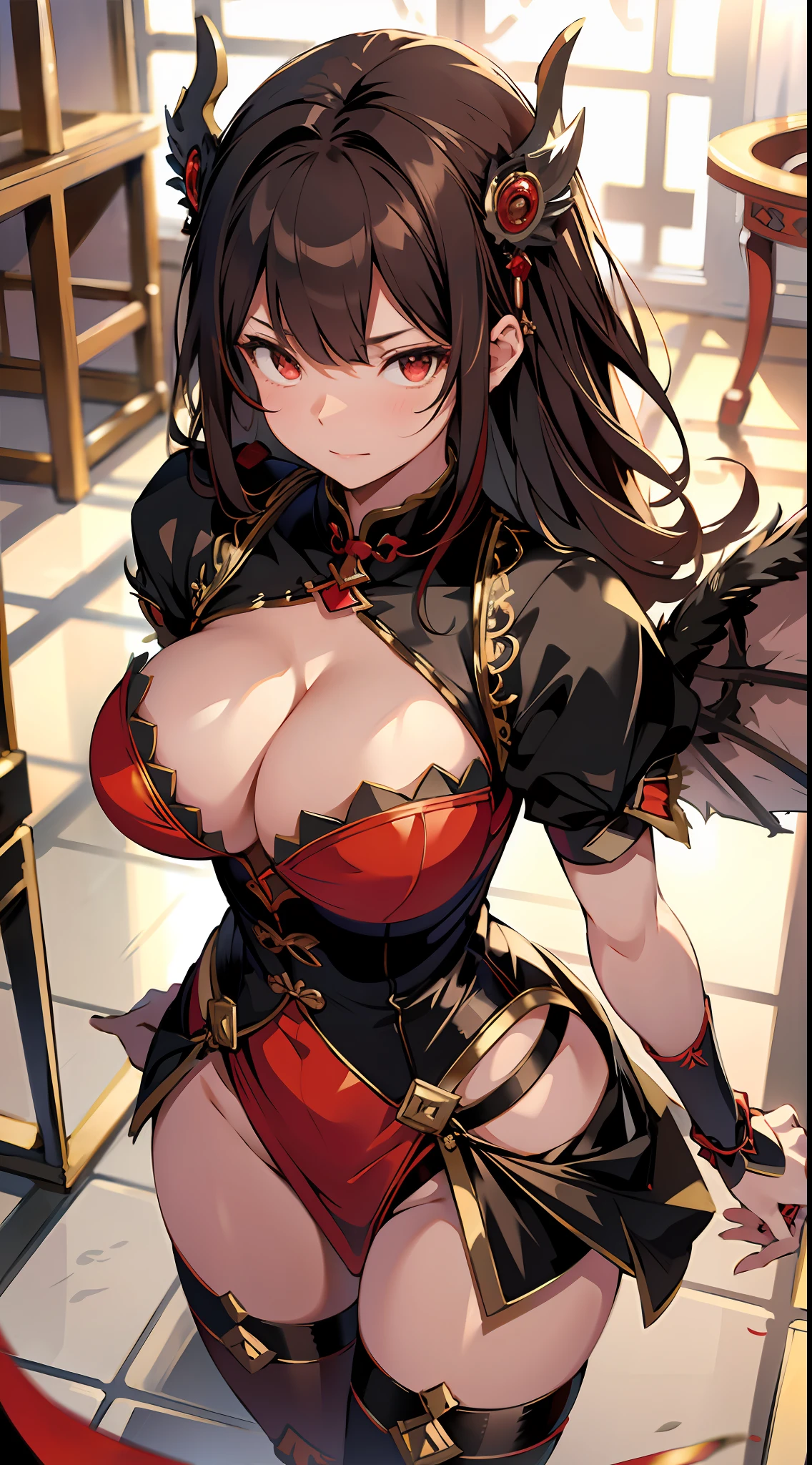 absurd res, high res, (masterpiece:1.4), ultra-detailed, 1girl, from above, space, floating, red Chinese dress, red dress, black stockings, light brown hair, yellow eyes, hands out of frame, Yandere face, yandere smirk, psychopathic smile, psychopathic smirk, dragon wings, yandere, full body, flying, big breasts, cleavage, Chinese dress, large breasts, focus on cleavage, holding breasts, lifting breasts, boobs on glass, squeezed boobs, staring at viewer, cleavage focus, yandere
