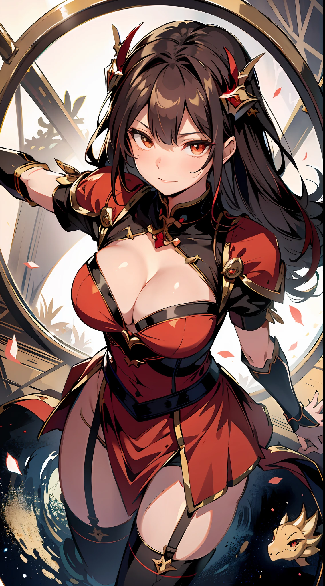 absurd res, high res, (masterpiece:1.4), ultra-detailed, 1girl, from above, space, floating, red Chinese dress, red dress, black stockings, light brown hair, yellow eyes, hands out of frame, Yandere face, yandere smirk, psychopathic smile, psychopathic smirk, dragon wings, yandere, full body, flying, big breasts, cleavage, Chinese dress, large breasts, focus on cleavage, holding breasts, lifting breasts, boobs on glass, squeezed boobs, staring at viewer, cleavage focus, yandere