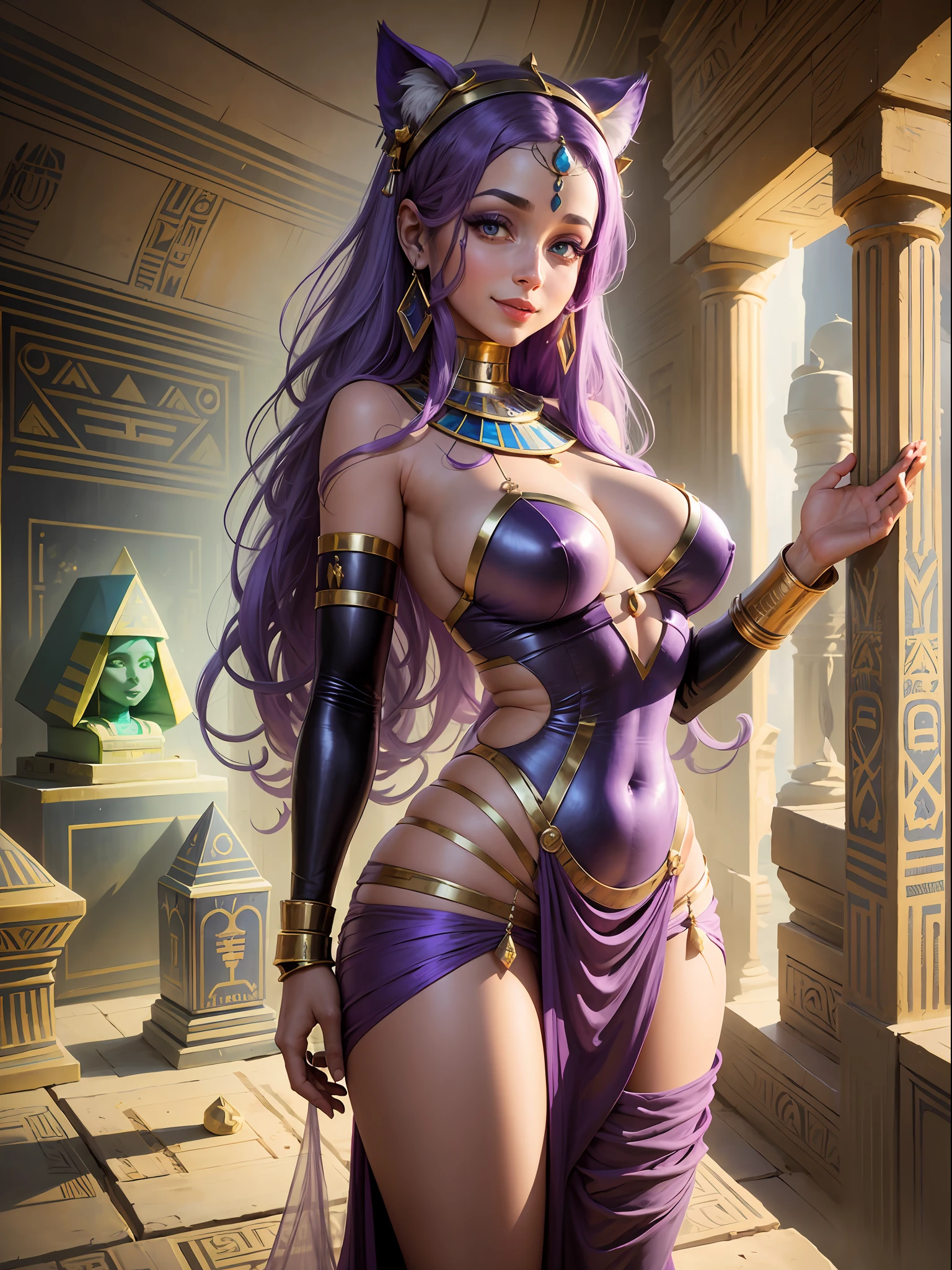 Full body photo, Saria has large breasts, maid scratch on her head in futuristic Egyptian costume, bandaged her body like a mummy, extremely tight on the body, she is inside a pyramid with several sarcophagi, she has purple hair, blue eyes, is looking at the viewer, smiling, flushed face. --auto --s2