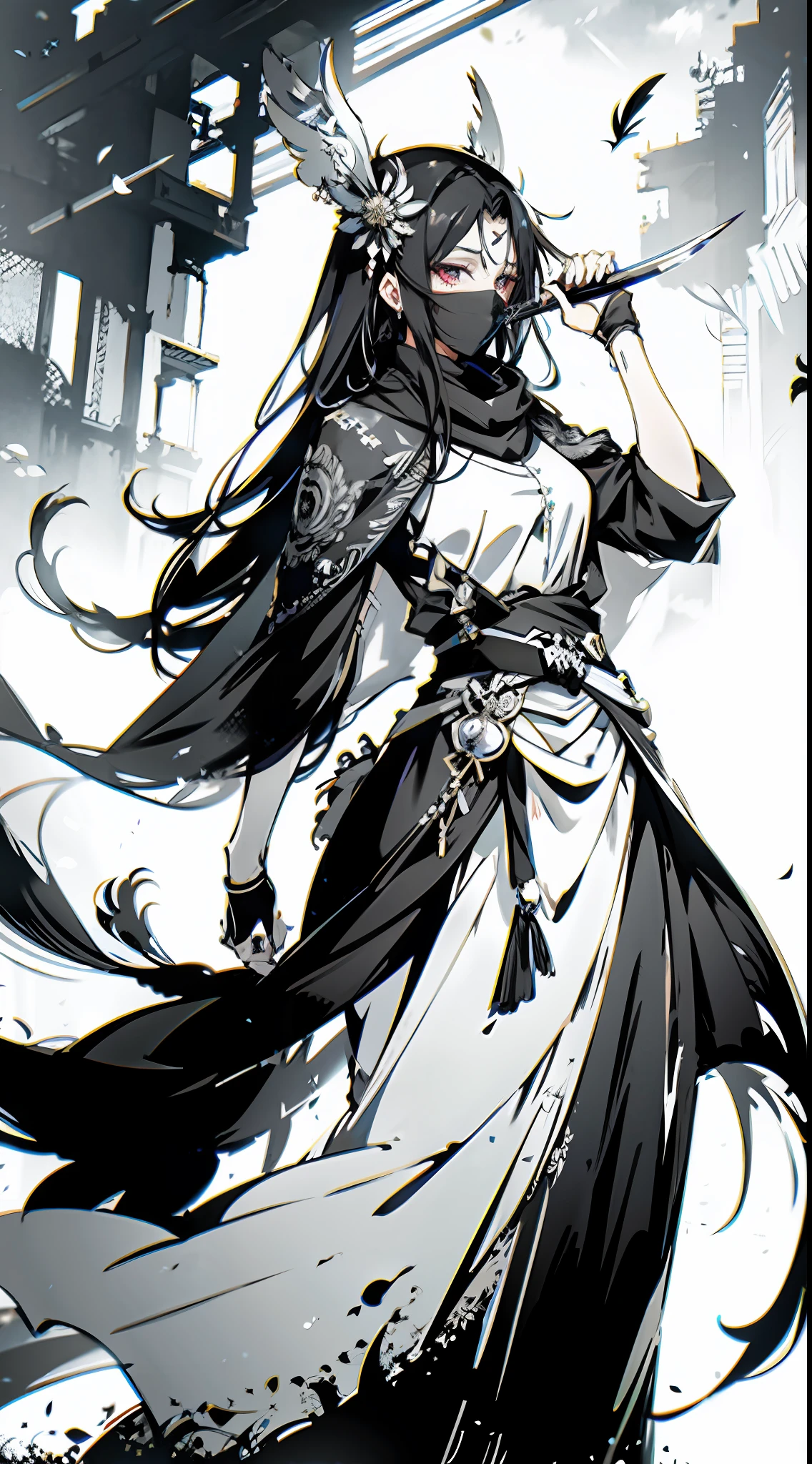 Masterpiece, Best Quality, Heroine, Upright, White Feather on Head, Long Hair Scattered, Firm Face, (Unique Design Shawl + Elegant Long Skirt), Straight to the Camera, Inky, Coming Out Through the Mask, Black Katana,