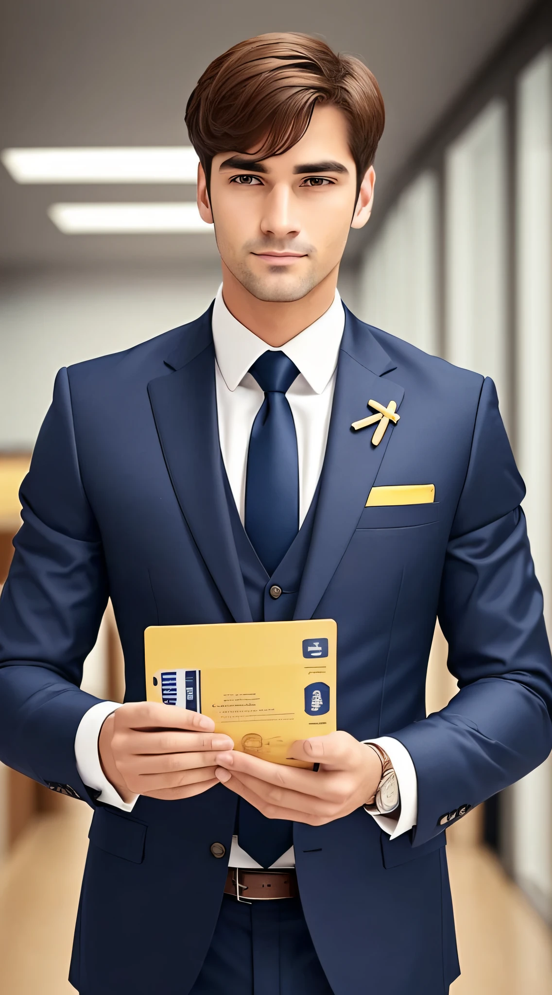 A man who is a customer, the manager of a bank and the bank, the image must be all in navy blue and gold colors --auto --s2