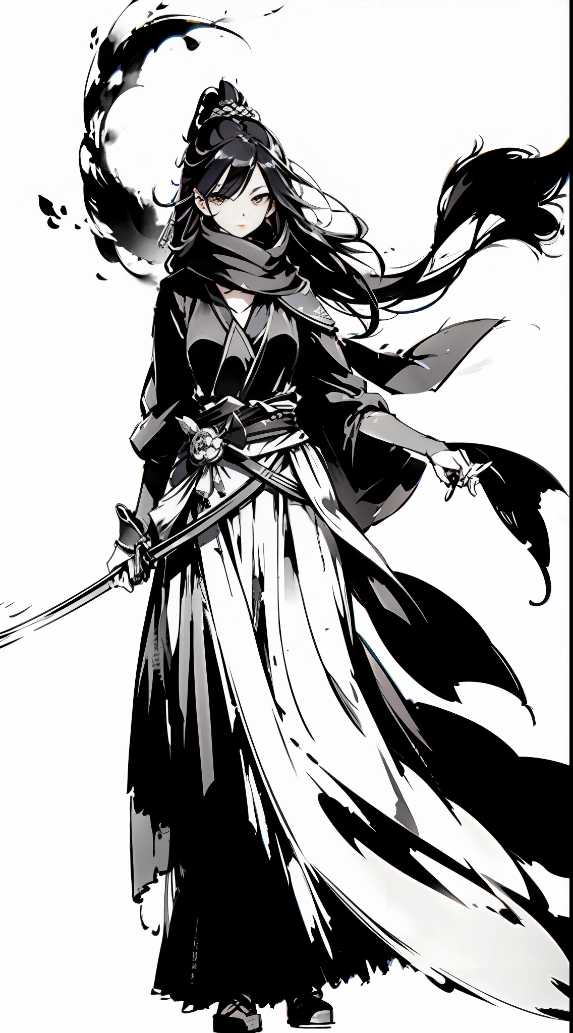 Masterpiece, Best Quality, Heroine, Upright, White Feather on Head, Long Hair Scattered, Firm Face, (Unique Design Shawl + Elegant Long Skirt), Straight to the Camera, Inky, Coming Out Through the Mask, Black Katana,