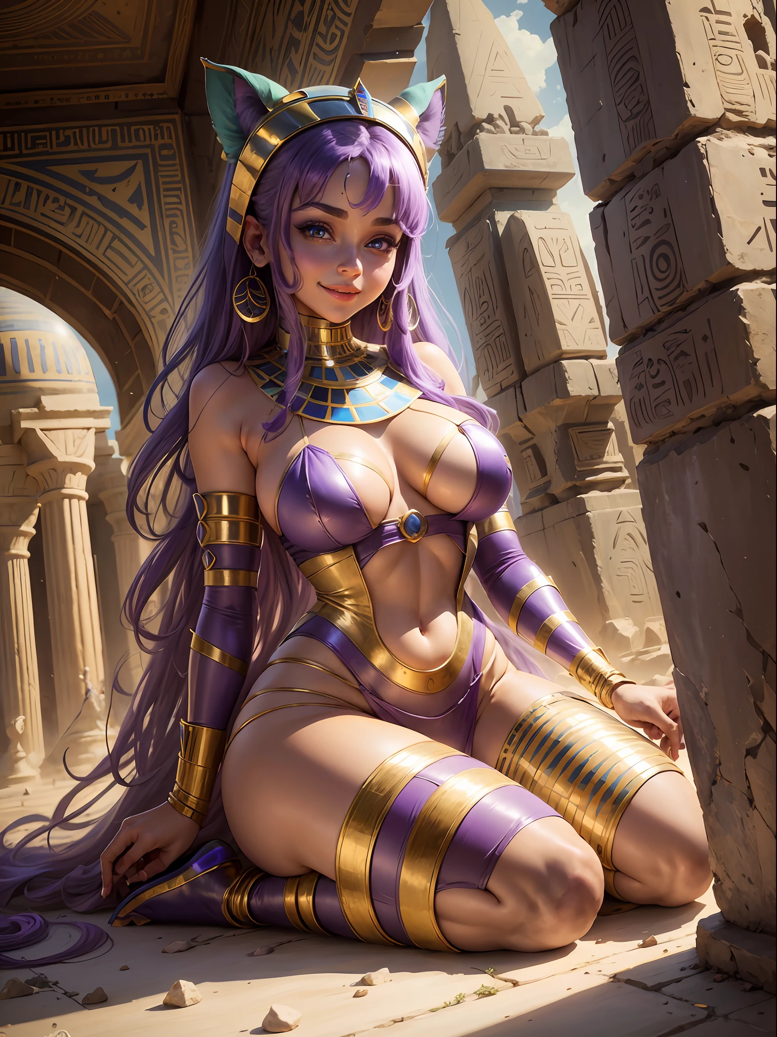 Full body photo, Saria has large breasts, maid scratch on her head in futuristic Egyptian costume, bandaged her body like a mummy, extremely tight on the body, she is inside a pyramid with several sarcophagi, she has purple hair, blue eyes, is looking at the viewer, smiling, flushed face. --auto --s2