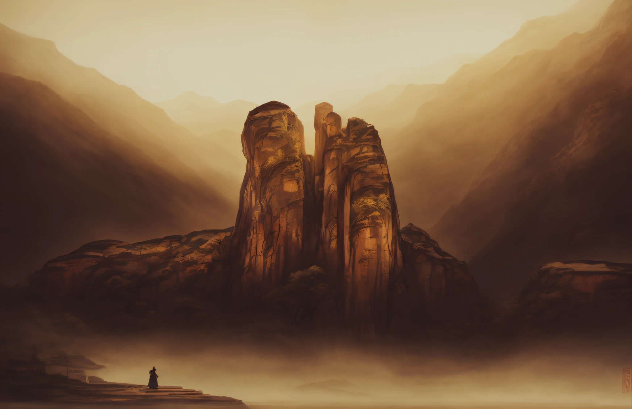 Ancient Chinese landscapes, ancient buildings, pavilions, carved beams and paintings, beautiful mountains and waters, inspired by Jin Yong martial arts, sunlight, ink painting style, clean colors, decisive cutting, white space, freehand, masterpiece, super detailed, epic composition, high quality, highest quality, Pixar style, supersaturated, surreal, sand, black background, atmosphere, gorgeous poster, brush strokes, Chinese painting, outdoor, luminous particles, forest, (firefly) artgerm --v 6