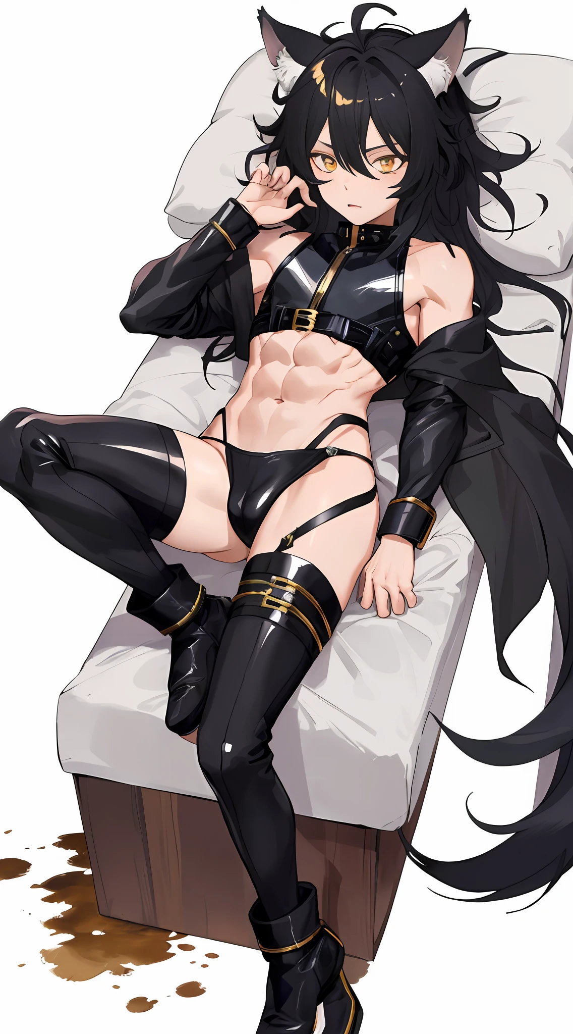 1boy, toned, sharp wolf ears, wolf tail, black messy hair, golden eyes, HD, masterpiece, vibrant, black boots, dead expression, thigh highs, booty thong, bulge crop top