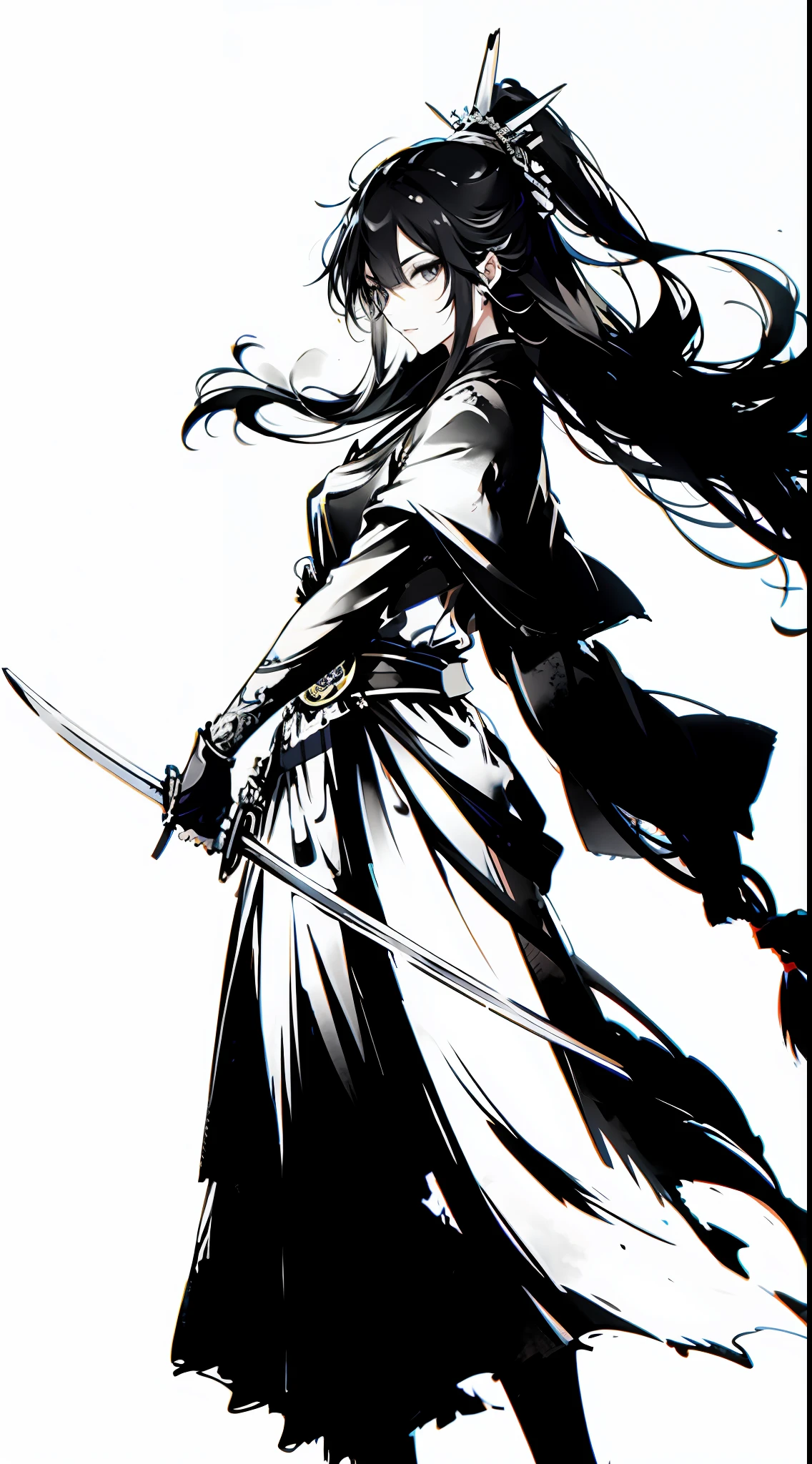 Masterpiece, best quality, heroine, upright, white feather on her head, long hair, firm face, uniquely designed shawl and elegant long skirt, black katana in hand, ink drenched, breathing.