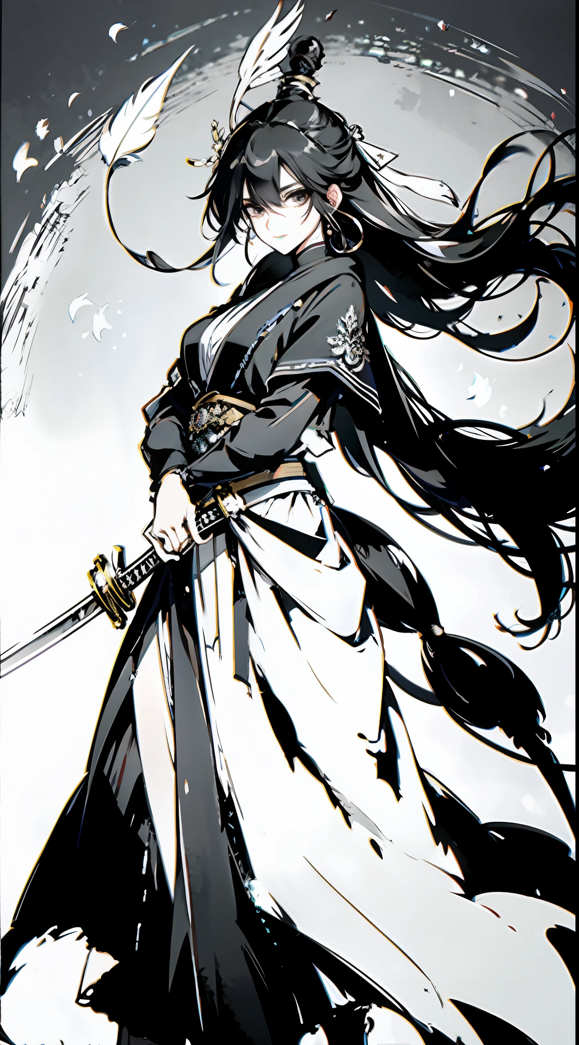 Masterpiece, best quality, heroine, upright, white feather on her head, long hair, firm face, uniquely designed shawl and elegant long skirt, black katana in hand, ink drenched, breathing.