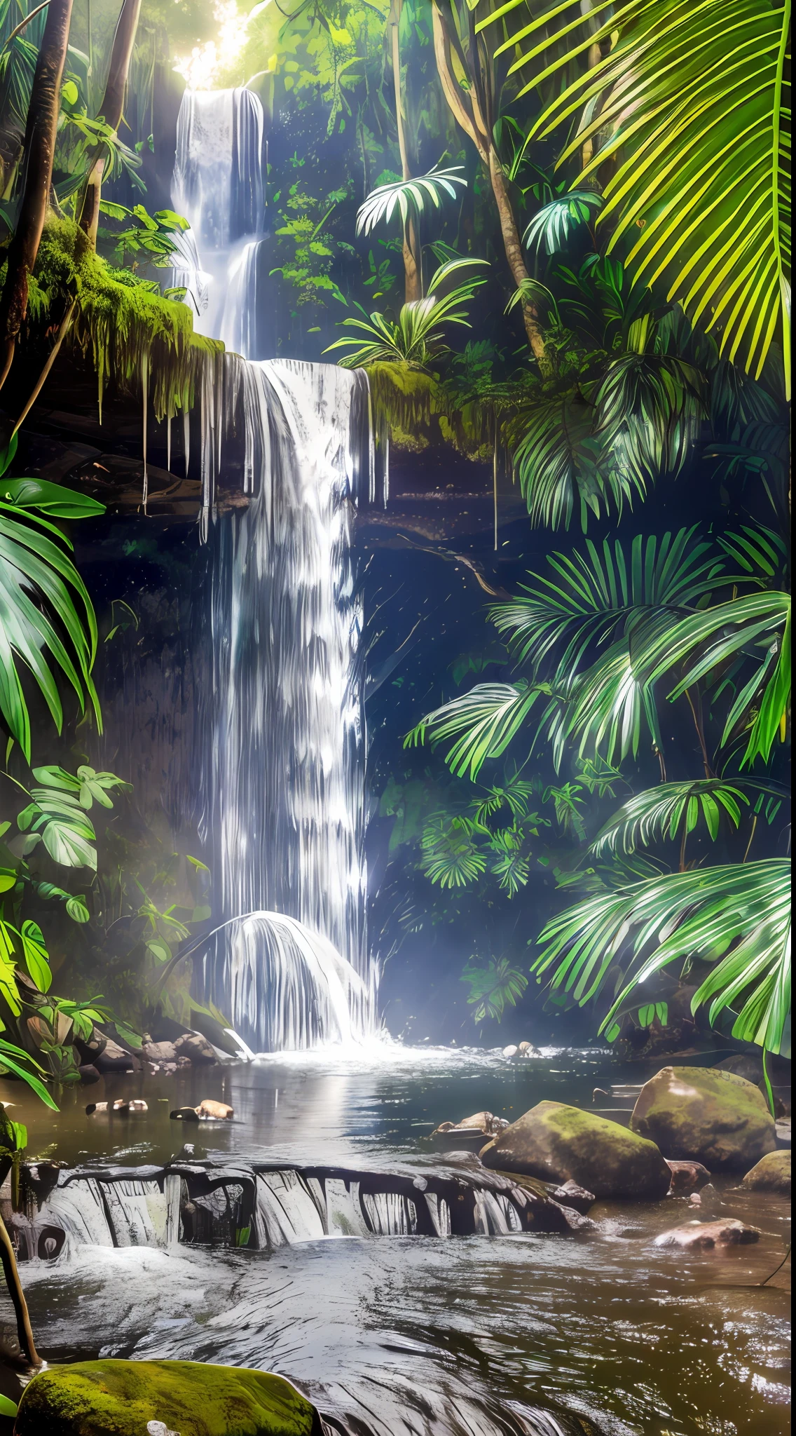 ((Masterpiece:1.3), (Realistic Lighting:1.3)), (raw photo:1.5)) Beautiful stream in the tropical forest, Waterfall falls from the cliff to the stream, Rainbow at the top of the waterfall, white tiger is drinking water by the stream