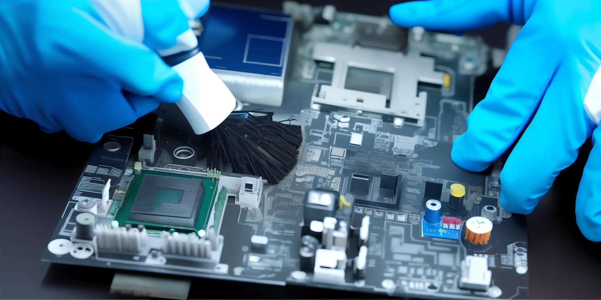 someone is cleaning a motherboard with a brush and a ((black glove)), motherboard circuit, motherboard, electronic components, disassemble computer, circuit boards, bios chip, computer components, printed circuit board, electronic circuit, circuit board processor, maintenance, advanced technology, microchips, digitally enhanced, circuit board, crispy electronics, computer parts