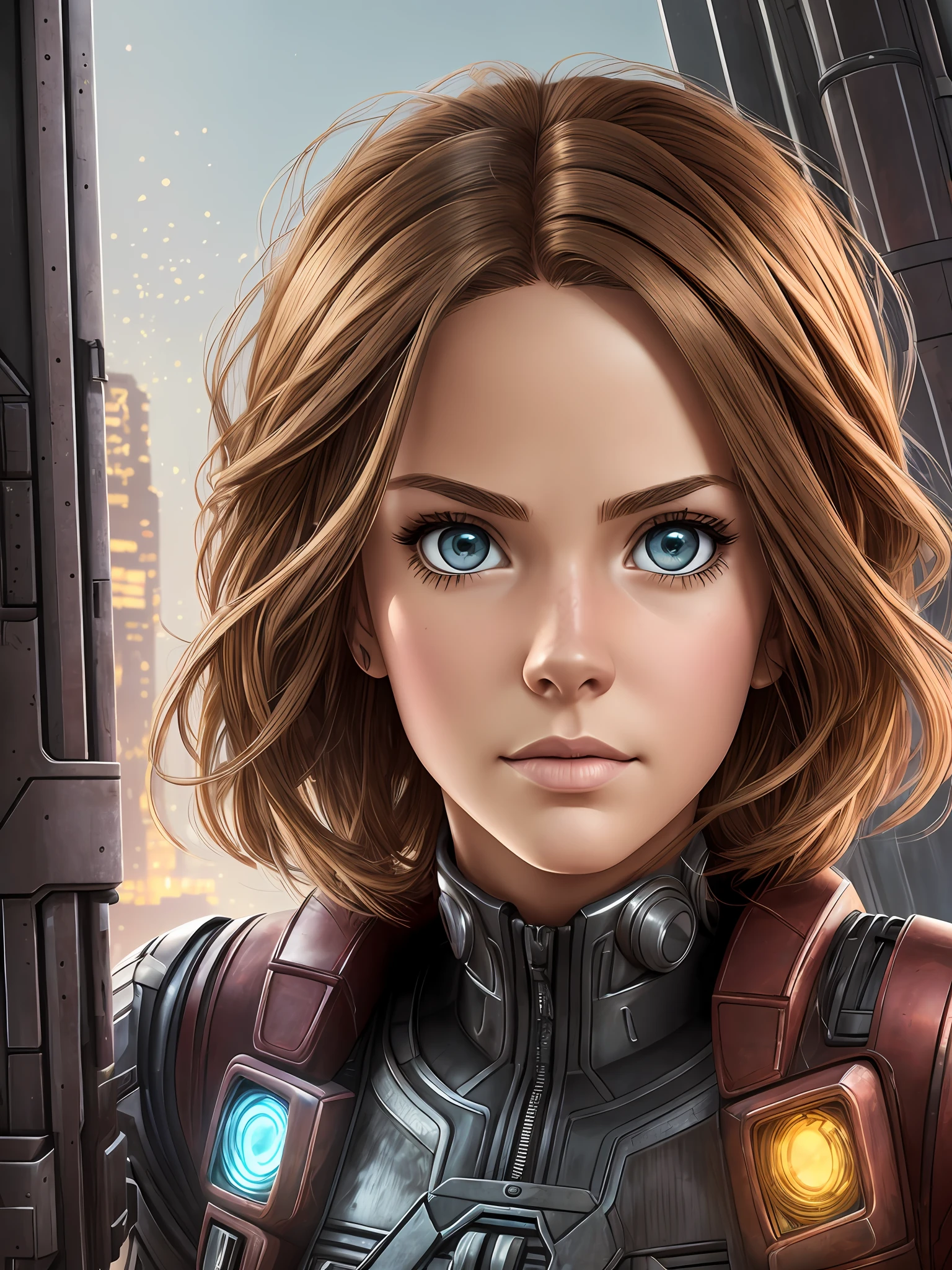 a portrait irongirl light brown hair and eyes 45 years sweeping the house, style pixar, cyberpunk --auto --s2