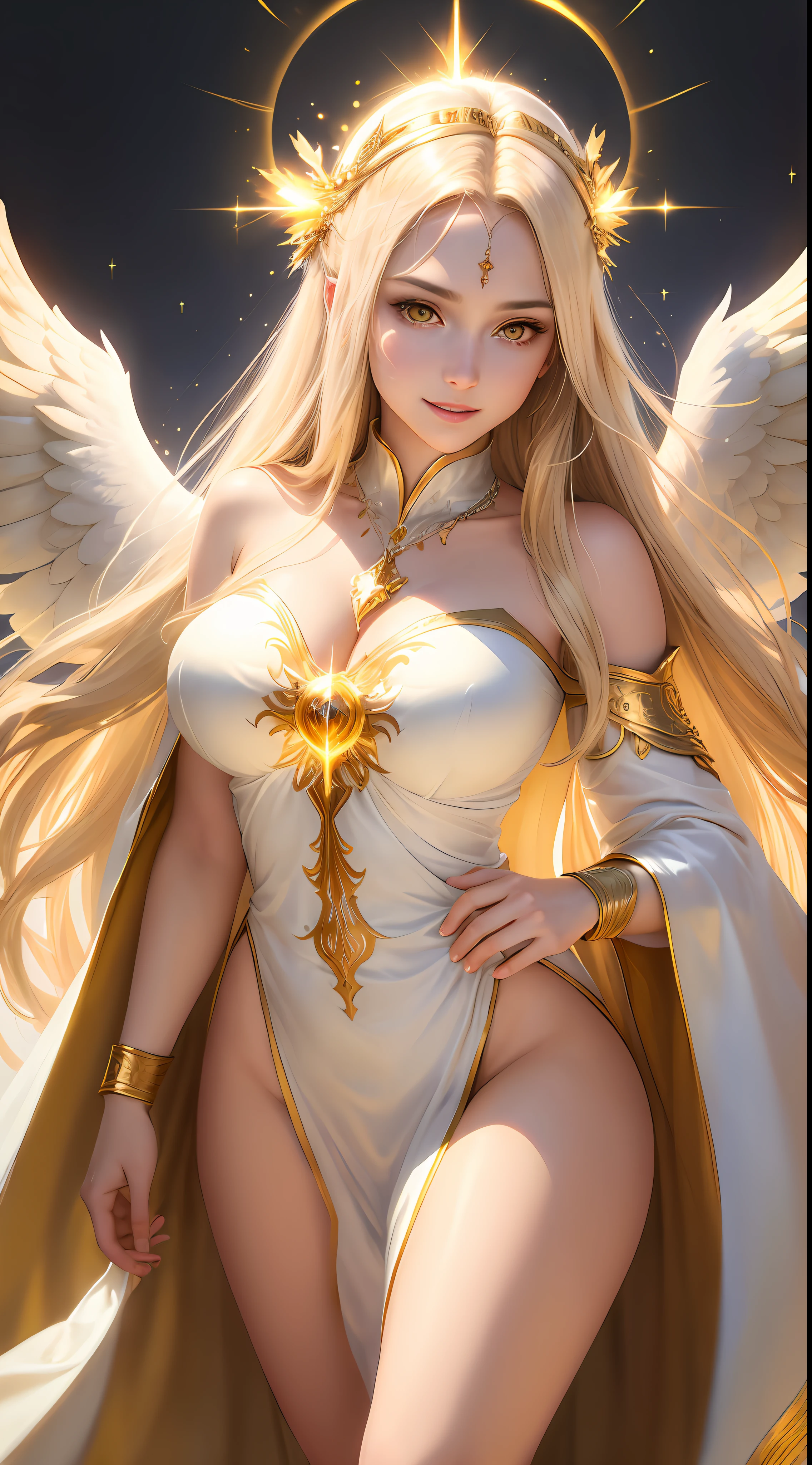 Beautiful woman with a perfect face, perfect body figures, realistic facial expression, long blonde straight hair, light yellow eyes, fair skin, wearing a white tunic with intricate decorations, angel, furry wings, confident expression (dynamic Angle, dazzling yellow eyes, delicate necklace, charming smile), (holy radiation background, holy sparklings, glowing particles, holy fog, faint darkness), high saturation, movie light, edge light, best shadow, best lighting