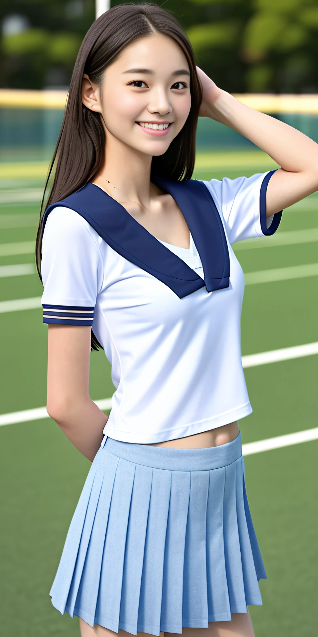 neat college girl, petite person, (school uniform, summer uniform, short sleeve), outside the athletic field, (slim), photorealistic, detail, skin texture, ultra detail, delicate sexy collarbone, smile, super detailed face, detailed lips, detailed eyes, double eyelids, breast enhancement