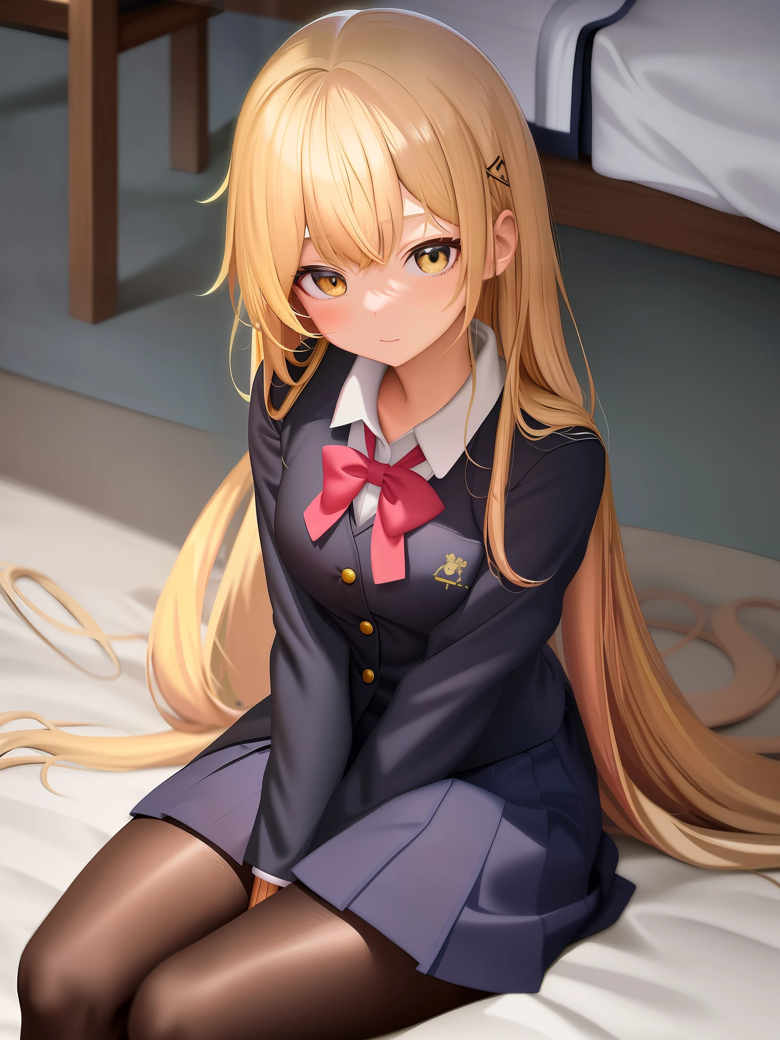 anime girl in a school uniform sitting on a bed, marin kitagawa fanart, high detailed official artwork, small curvy loli, blonde anime girl with long hair, a hyperrealistic schoolgirl, realistic schoolgirl, hyperrealistic schoolgirl, beautiful anime high school girl, anime visual of a cute girl, smooth anime cg art, anime girl with long hair, school girl