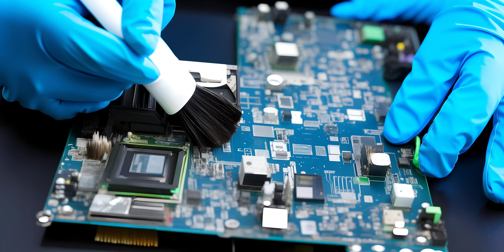 someone is cleaning a motherboard with a brush and a ((black glove)), motherboard circuit, motherboard, electronic components, disassemble computer, circuit boards, bios chip, computer components, printed circuit board, electronic circuit, circuit board processor, maintenance, advanced technology, microchips, digitally enhanced, circuit board, crispy electronics, computer parts