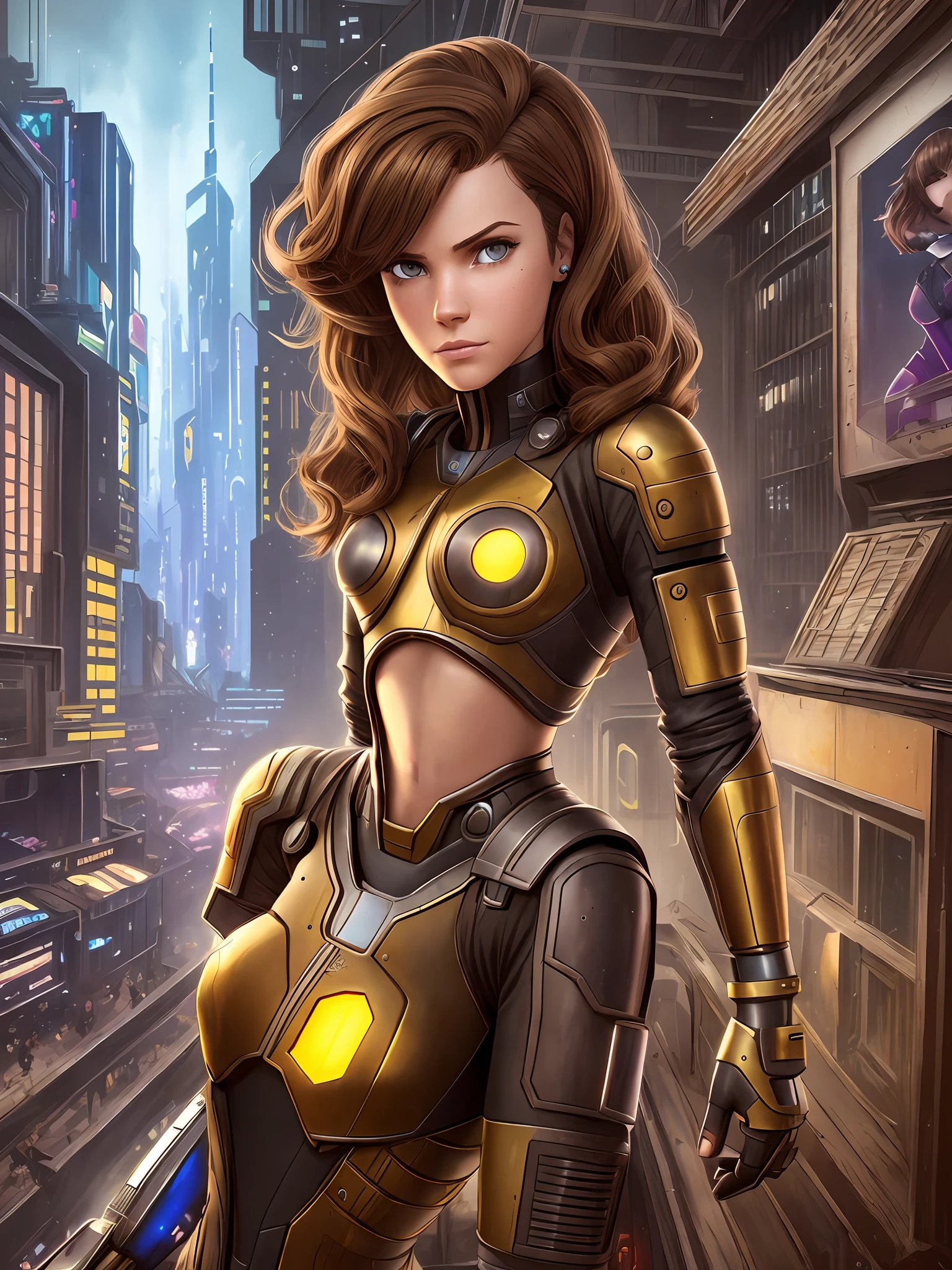 a portrait irongirl light brown hair and eyes 45 years sweeping the house, style pixar, cyberpunk --auto --s2