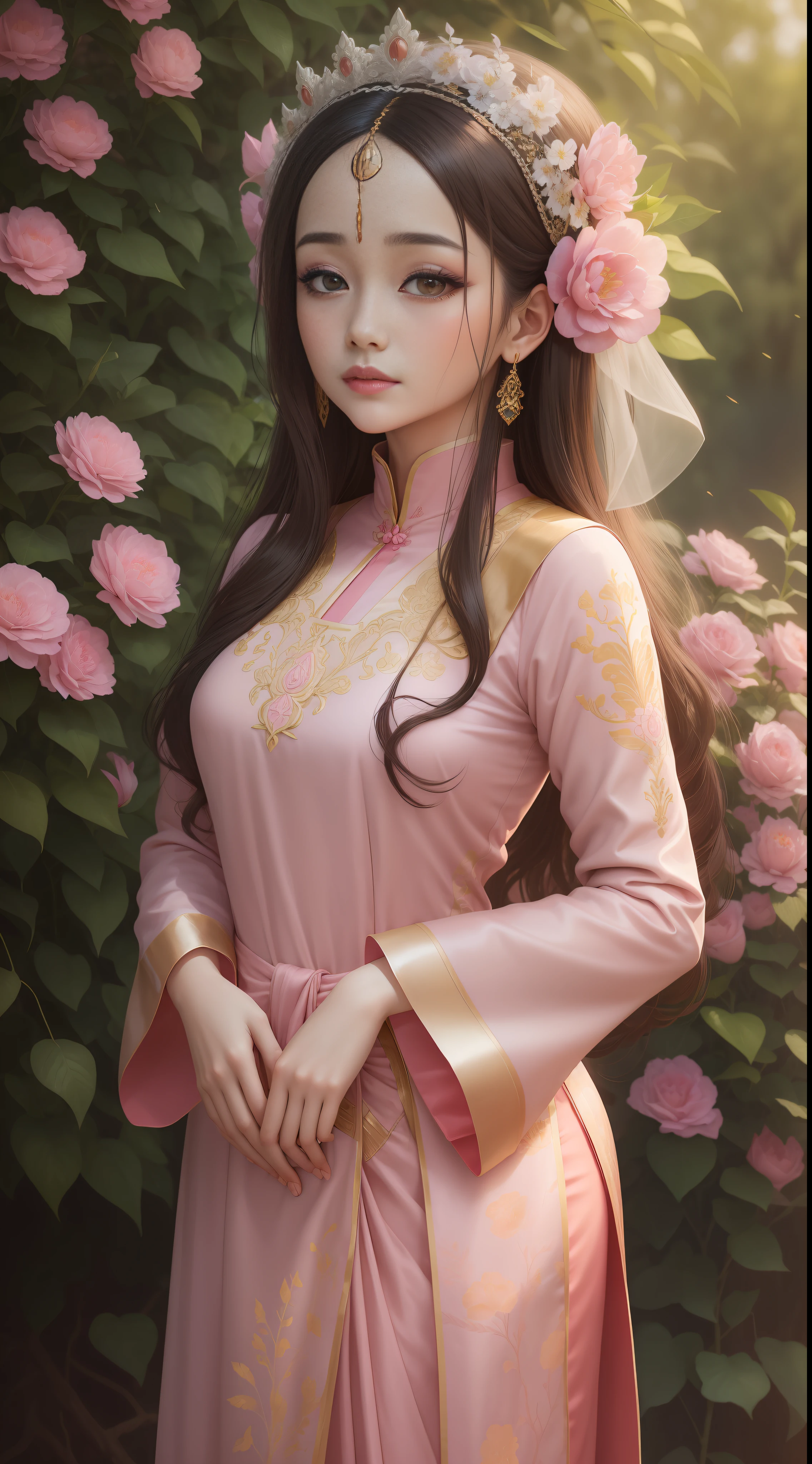 a woman in a pink dress standing in front of a bush, dilraba dilmurat, nivanh chanthara, wearing beautiful clothes, in style of lam manh, idian dress, very beautiful enga style, wearing a kurta, traditional beauty, wearing a silk kurta, with lovely look, ao dai, beautiful asian girl, wearing gorgeous clothing