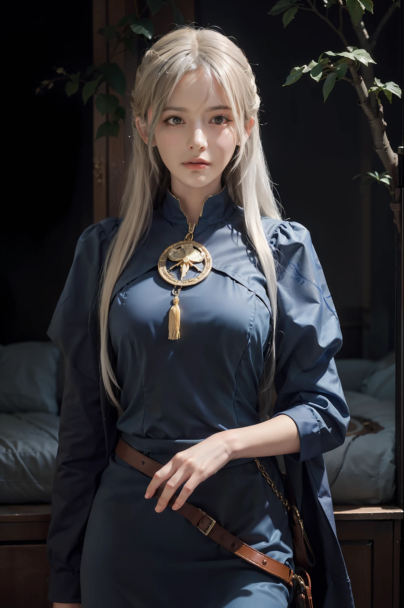 Hyperrealist portrait of female by david hockney and alphonse mucha,fantasy art, photo realistic, dynamic lighting, artstation, poster, volumetric lighting, very detailed faces, 4 k, award winning,, 1girl, in the dark, deep shadow, low key,cowboy shot,(official clothing:1.4) ,long hair,white hair,