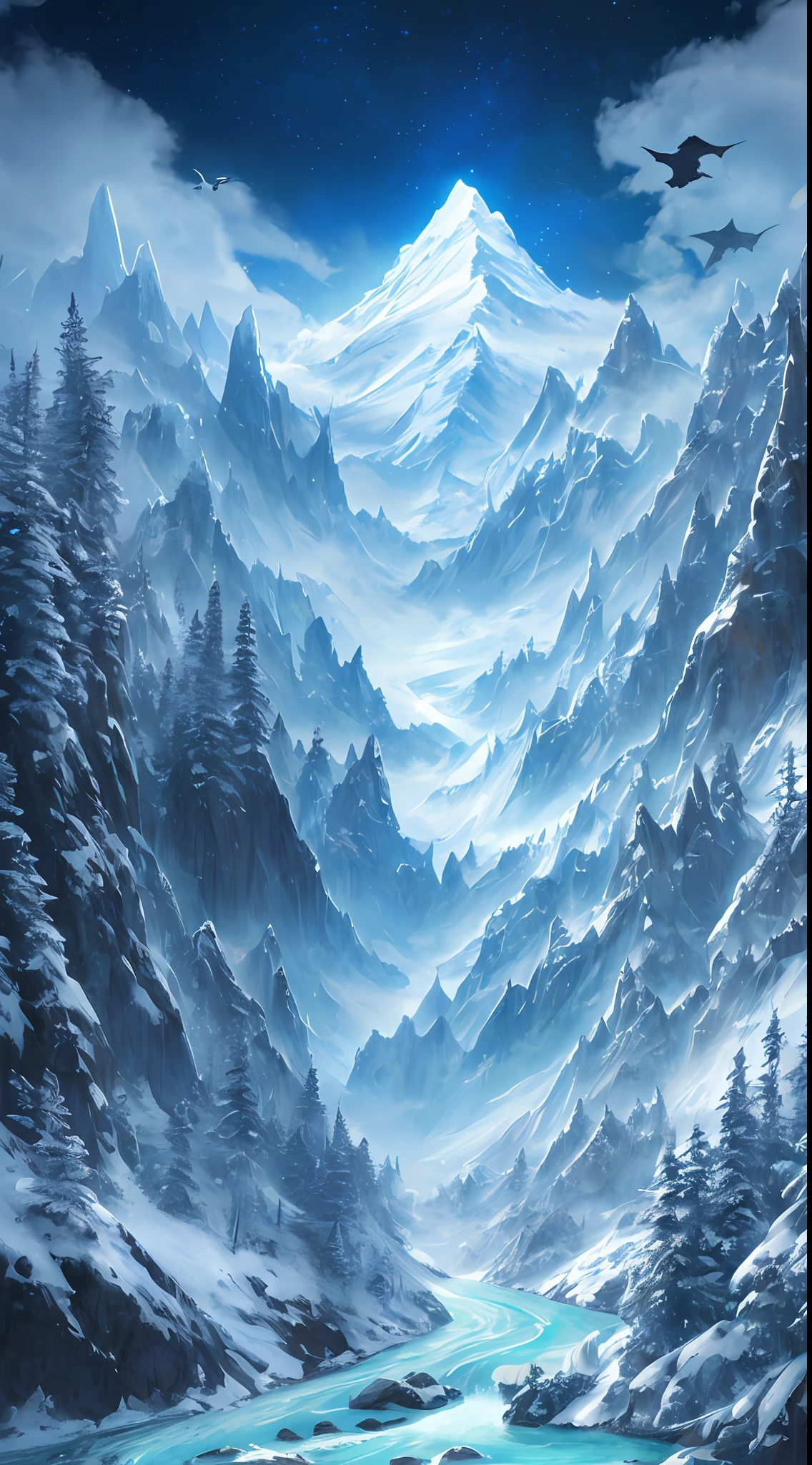 This paragraph describes a digital painting depicting an otherworldly, surreal and magnificent scene. The artwork features a massive mountain and dragon surrounded by intricate details of forests, vegetation and rivers. This is a high-quality, 8K resolution digital art masterpiece, which creates a beautiful movie background with a magical atmosphere through unique lighting effects. The sky is decorated with snow and stars, while dragons soar above. The work belongs to the ice punk style, with dragons and mountains as the theme, creating a cold winter visual style.