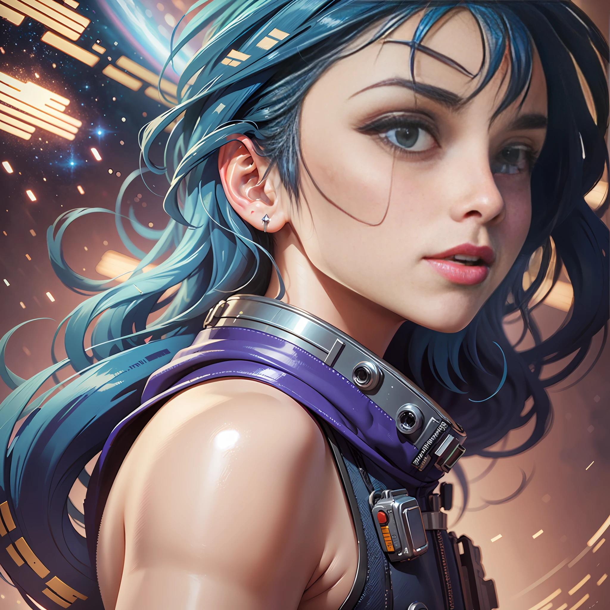 Highly detailed RAW color Photo, beautiful young girl in space suit, (detailed skin), (detailed lips), (detailed eyes), (space:1.4), smoke, (space setting) (detailed face), midriff exposed, small thong, detailed eyes, chromatic aberration, depth of field, soft lighting, masterpiece, best quality, intricate, (bloom:0.7), (from below:1.4), low angle, particle effects, raytracing, tone mapped, highly detailed, concept art, smooth, sharp focus, dramatic lighting, highly detailed artwork, cinematic, hyper realistic painting, trending on Artstation, 8K, incredible shadows, realistic, (highly detailed background:1.2), art by midjourney