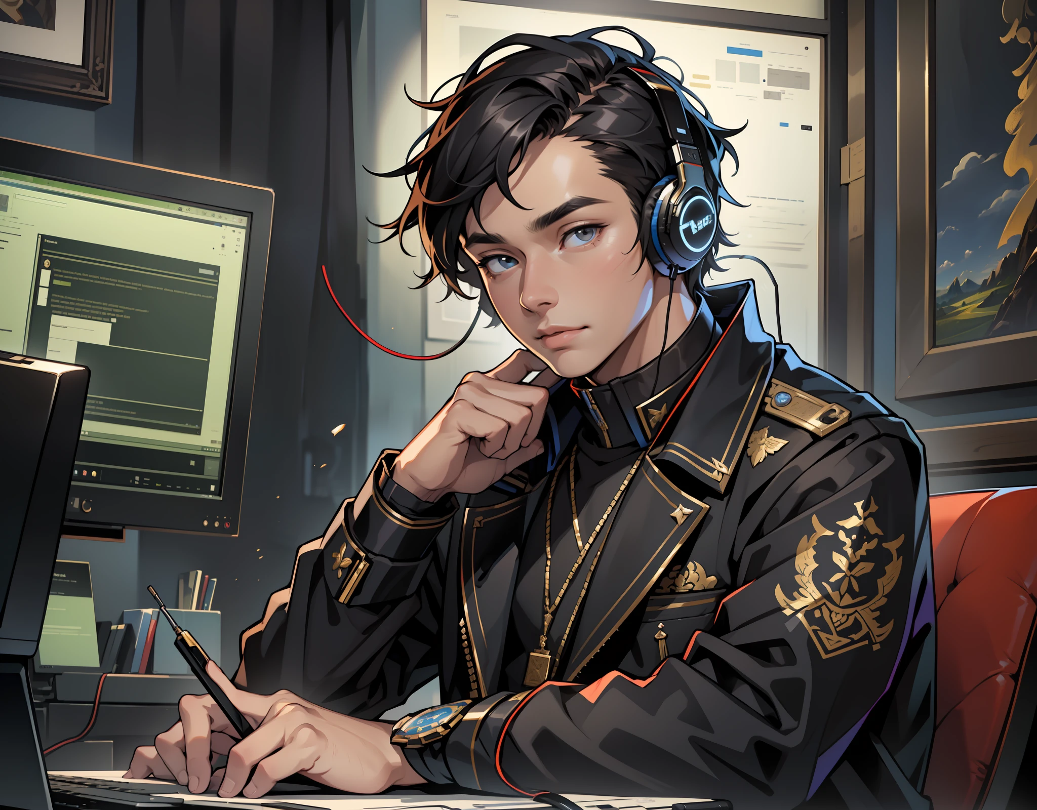 (A young man: 1.5), best quality, masterpiece, handsome facial features, cheerful expression, facing the computer, with headphones, 16k, exquisite painting style, details, super details, exquisite facial details, black clothing - auto - s2