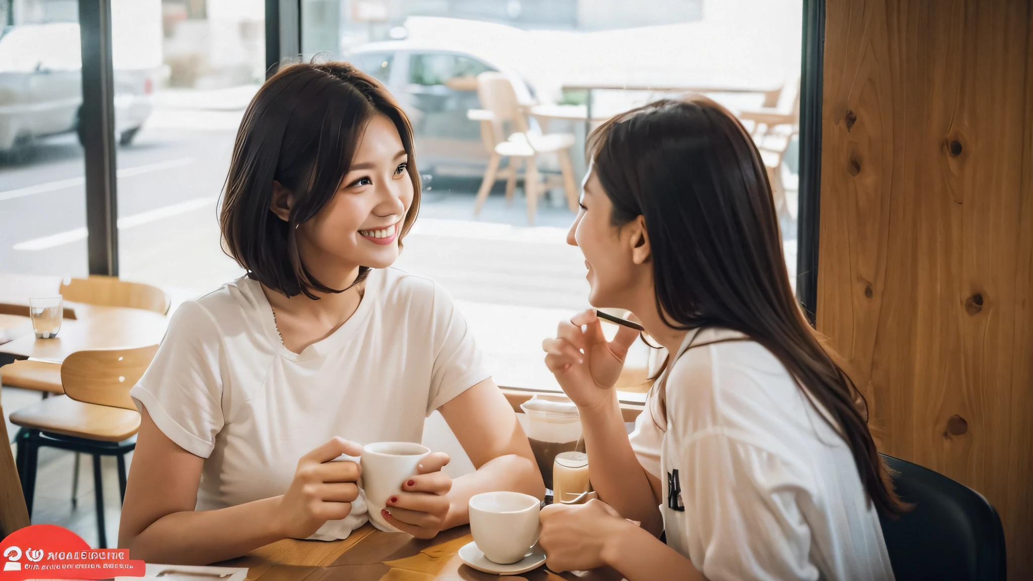 Sitting at the table while drinking coffee, subconsciously looking at each other, enjoying coffee in the coffee shop, talking quietly, smiling at each other, friendship, facing each other, friendly, two women, Japan people, sitting in a café, sitting at a mocha colored table, reaching out to each other, in a bright café, balanced eyes, (top quality details: 1.2), real, 8K high resolution, four fingers and one thumb, green street tree outside the window, table width 50cm, (beautiful 25 year old cute Japan woman: 1), double eyelids