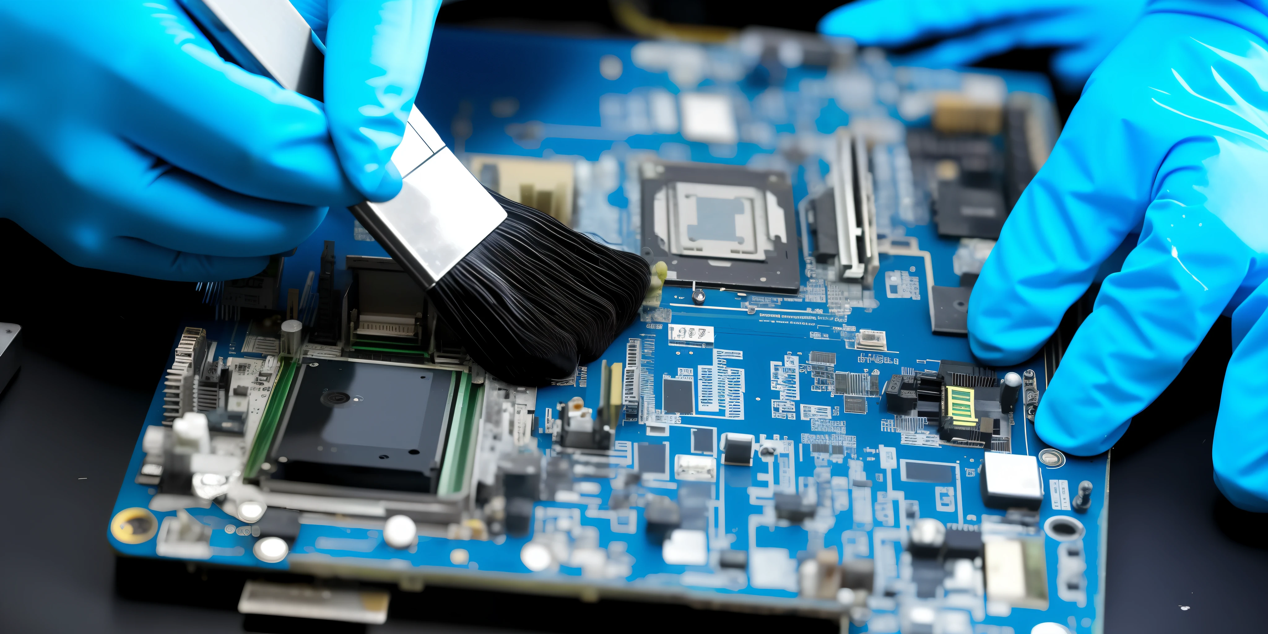 someone is cleaning a motherboard with a brush and a ((black glove)), motherboard circuit, motherboard, electronic components, disassemble computer, circuit boards, bios chip, computer components, printed circuit board, electronic circuit, circuit board processor, maintenance, advanced technology, microchips, digitally enhanced, circuit board, crispy electronics, computer parts