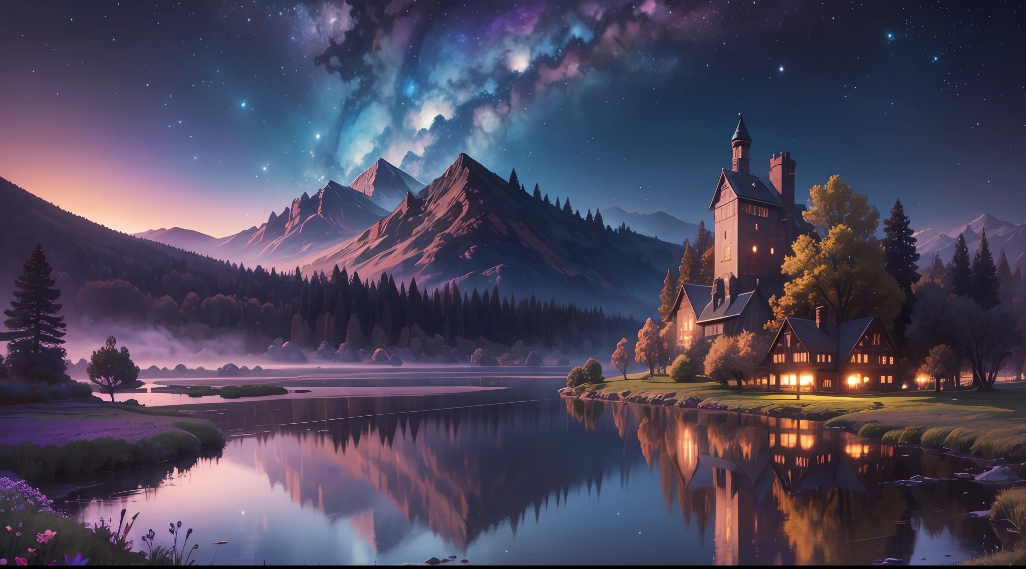 Starry nightscape with one, lake and an old mill, highly detailed 4K digital art, Jen Bartel, high quality detailed art 8K, Dan Mumford and Albert Bierstadt, highly detailed digital painting, detailed digital art 4K, stunning 8K art, Dan Mumford and Thomas Kinkade, Anton Fadeev and Dan Mumford, detailed painting 4K, stunning fantasy landscape --auto --s2