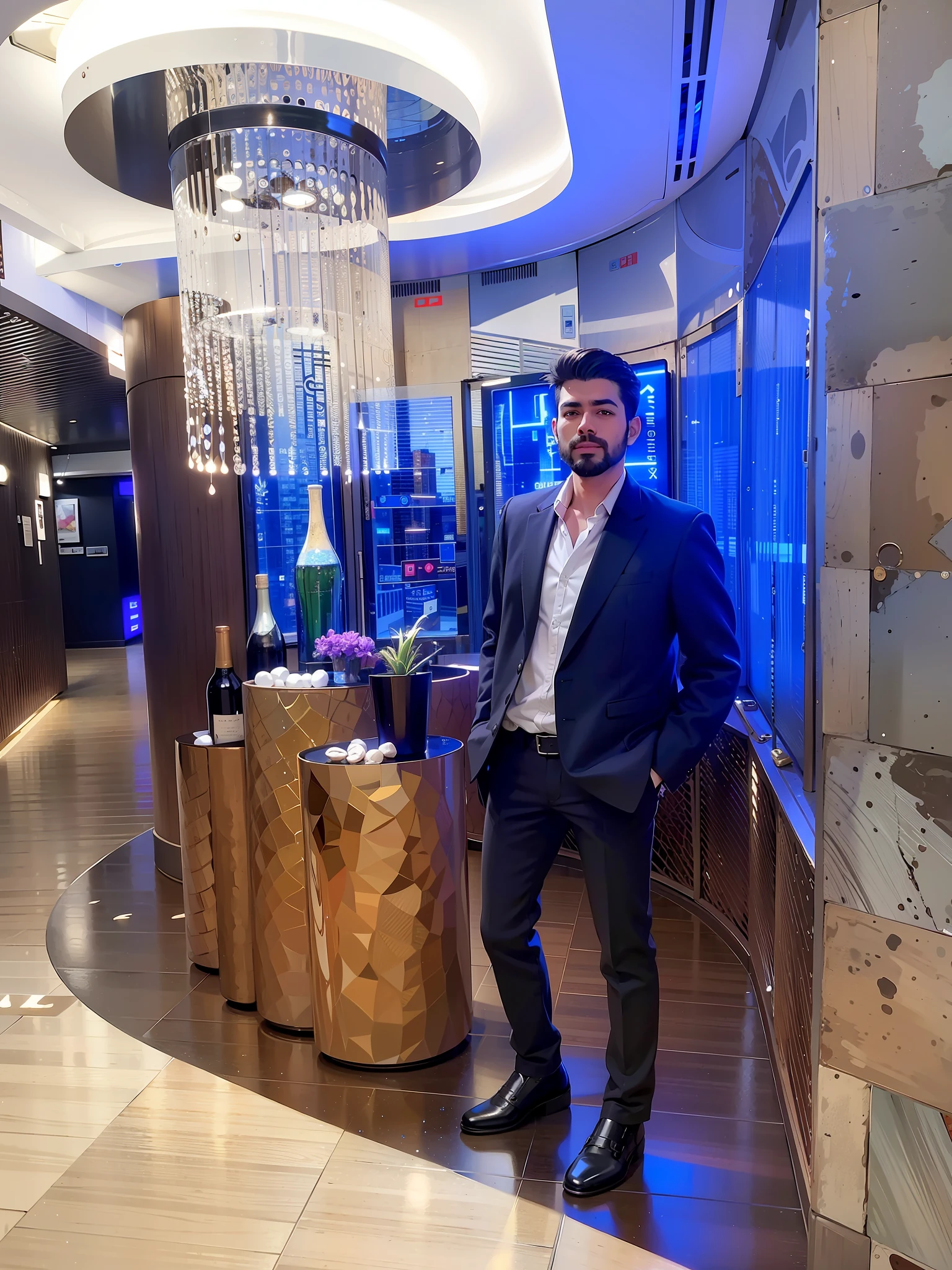 (( )), ashva, clothed, masculine male, masterpiece, ((perfect eyes)) best quality, (semirealism:1.9), beautiful lighting, (extremely detailed CG unity 4k fhd wallpaper),realistic,High Detail, Sharp focus, dramatic outdoors, 1boy,19 years old, brown short hair, blue eyes, smile, makeup, parted lips, full body, pants, standing, wearing shirt, holding a cup, bright blue background