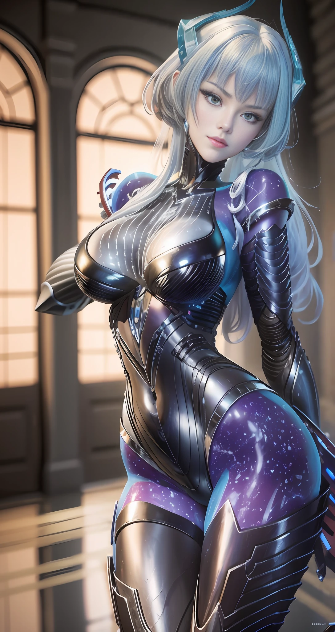 Unbeatable masterpiece, super high resolution, best quality, 8K, official art, very detailed, realistic, realistic, cinematic lighting, perfect female figure, detailed background, looking at the audience, slim, shiny red eyes, blushing, heavy breathing, silver hair, long hair, face makeup, corset, pantyhose, high heels, wet, puffy, standing, sexy pose, seductive pose, sweaty body, realcumAI, ulzzang-6500-v1.1,