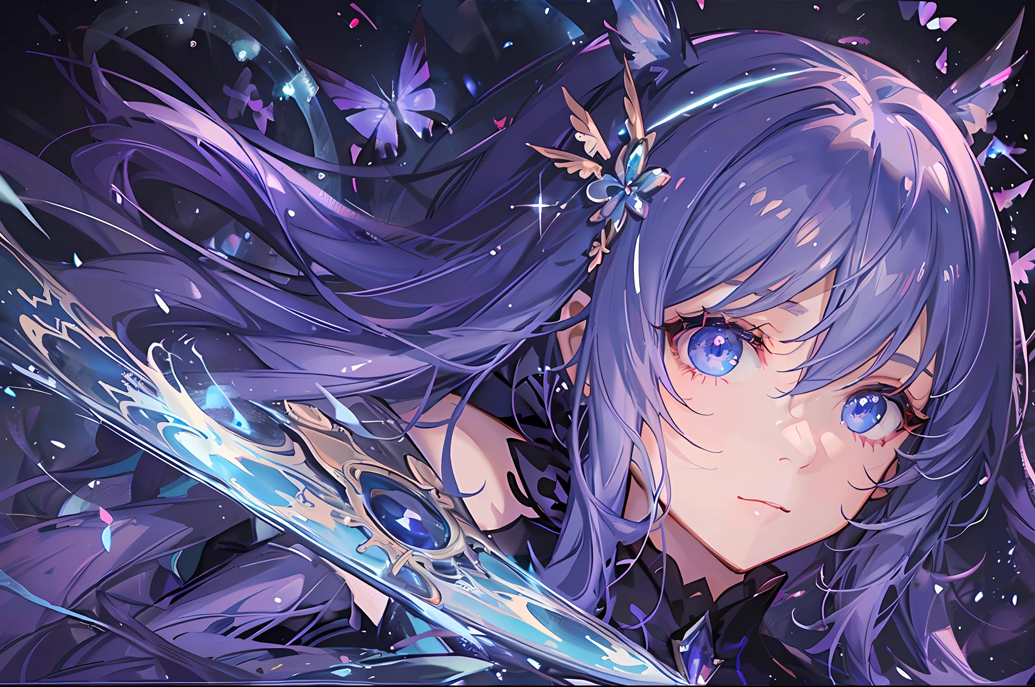 (Best Quality, Masterpiece 1.2), (Eye Detail: 1.2), Magical Girl, Intricate Detail, Depth of Field, Fairy, Lightning, Blue Fluorescence, Darkness, Violet, Azur Route, Pixiv Masterpiece, Illustration, Imaginative, Novel, Colorful Composition, Sony Shot Ultra HD Portrait, Virtual Background, Master Contrast, Epic