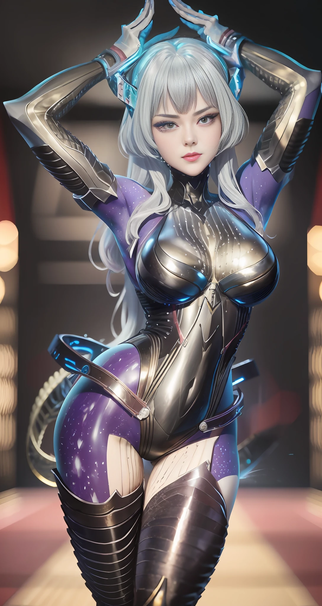 Unbeatable masterpiece, super high resolution, best quality, 8K, official art, very detailed, realistic, realistic, cinematic lighting, perfect female figure, detailed background, looking at the audience, slim, shiny red eyes, blushing, heavy breathing, silver hair, long hair, face makeup, corset, pantyhose, high heels, wet, puffy, standing, sexy pose, seductive pose, sweaty body, realcumAI, ulzzang-6500-v1.1,