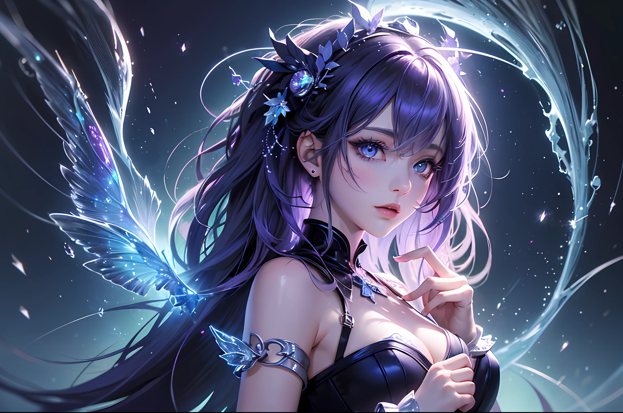 (Best Quality, Masterpiece 1.2), (Eye Detail: 1.2), Magical Girl, Intricate Detail, Depth of Field, Fairy, Lightning, Blue Fluorescence, Darkness, Violet, Azur Route, Pixiv Masterpiece, Illustration, Imaginative, Novel, Colorful Composition, Sony Shot Ultra HD Portrait, Virtual Background, Master Contrast, Epic