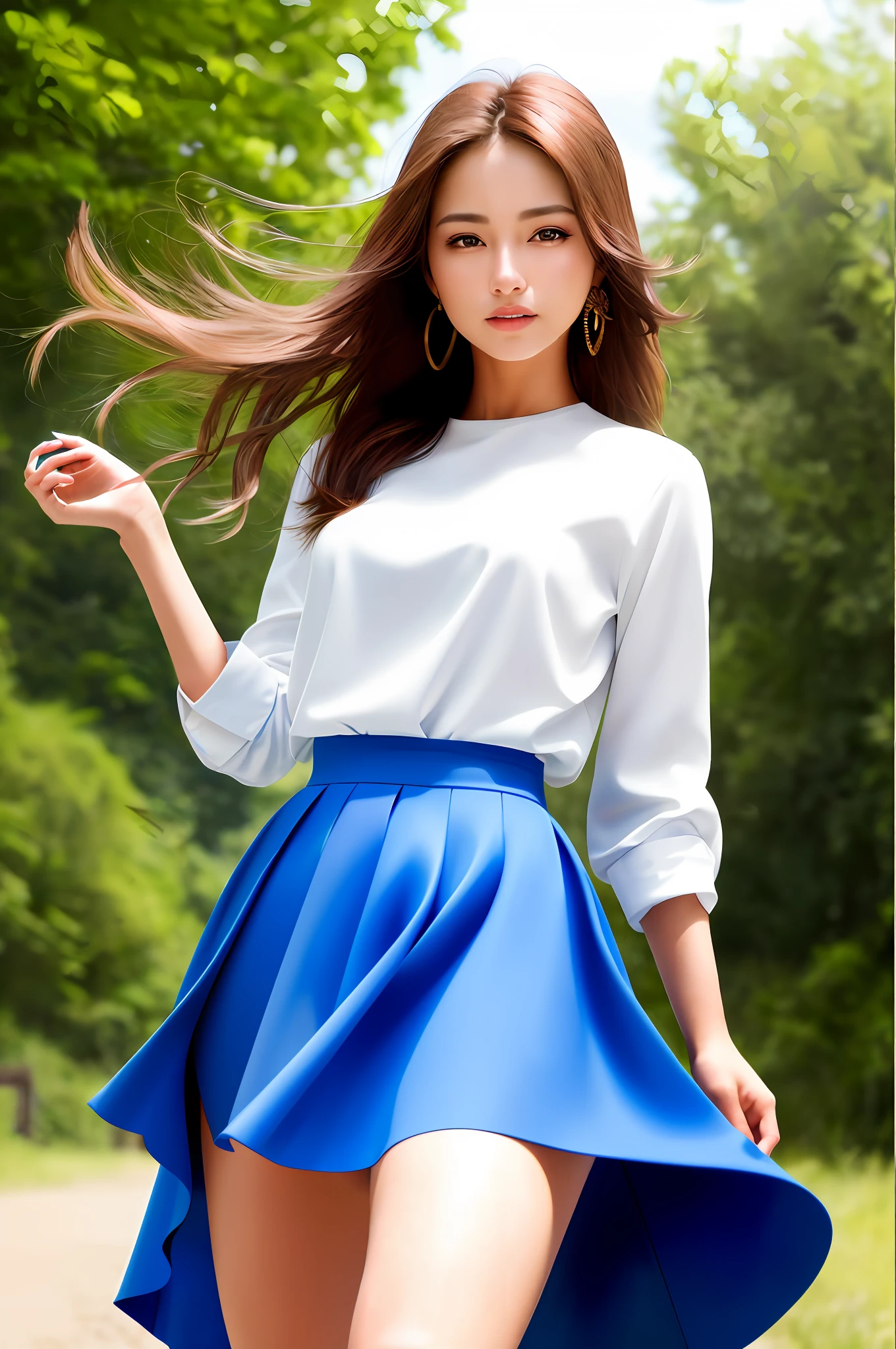 a young beautiful model, 1girl, standing, outdoor, sunny, windy, epic waterfall, highly detailed symmetrical eyes, laughing face, , slender, simple earing, (tight shirt), (wind blowing up skirt:1.5),, upskim lighting), RAW photo, best quality, high resolution, masterpiece, (photorealistic:1.3), professional photography, sharp focus, HDR, 8K resolution, intricate detail, sophisticated detail, depth of field, (nsfw), blurred background, facing front, cowboy shot view, (extremely detailed CG unity 8k wallpaper)