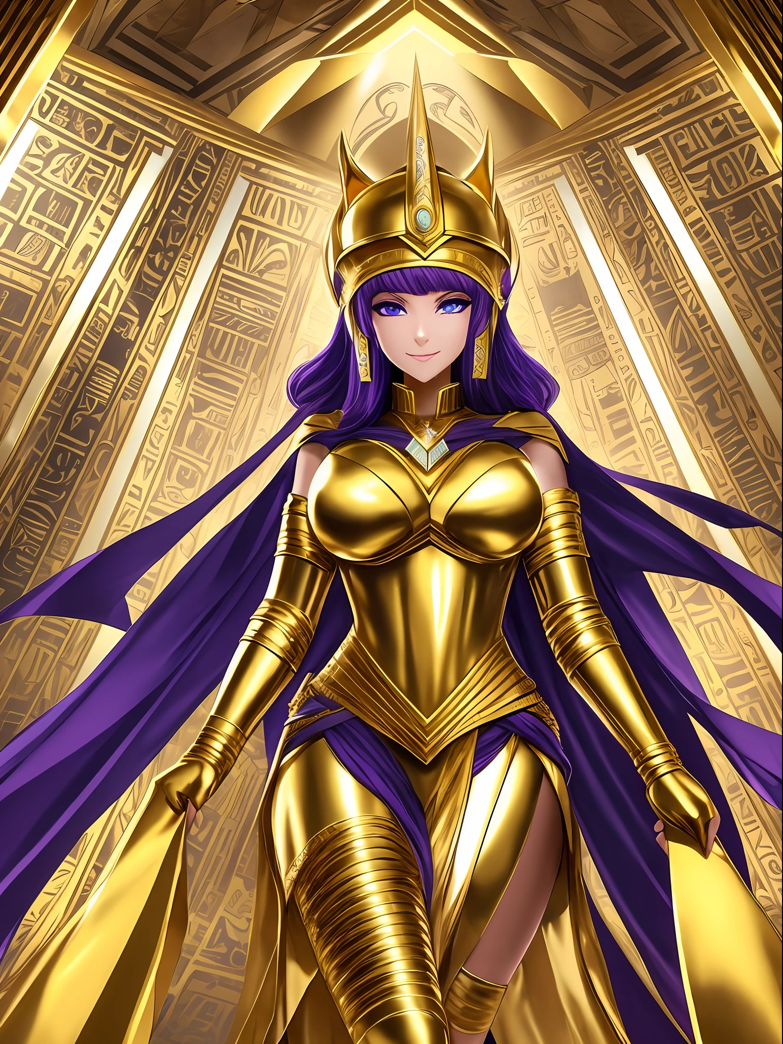 (Full body photo), Saria has large breasts, helmet on the head of gold, with black costume with props in futuristic Egyptian gold, bandages bandaged the body like a mummy, extremely tight on the body, she is inside a pyramid with several sarcophagi, she has purple hair, blue eyes, is looking at the viewer, smiling, face flushed. --auto --s2