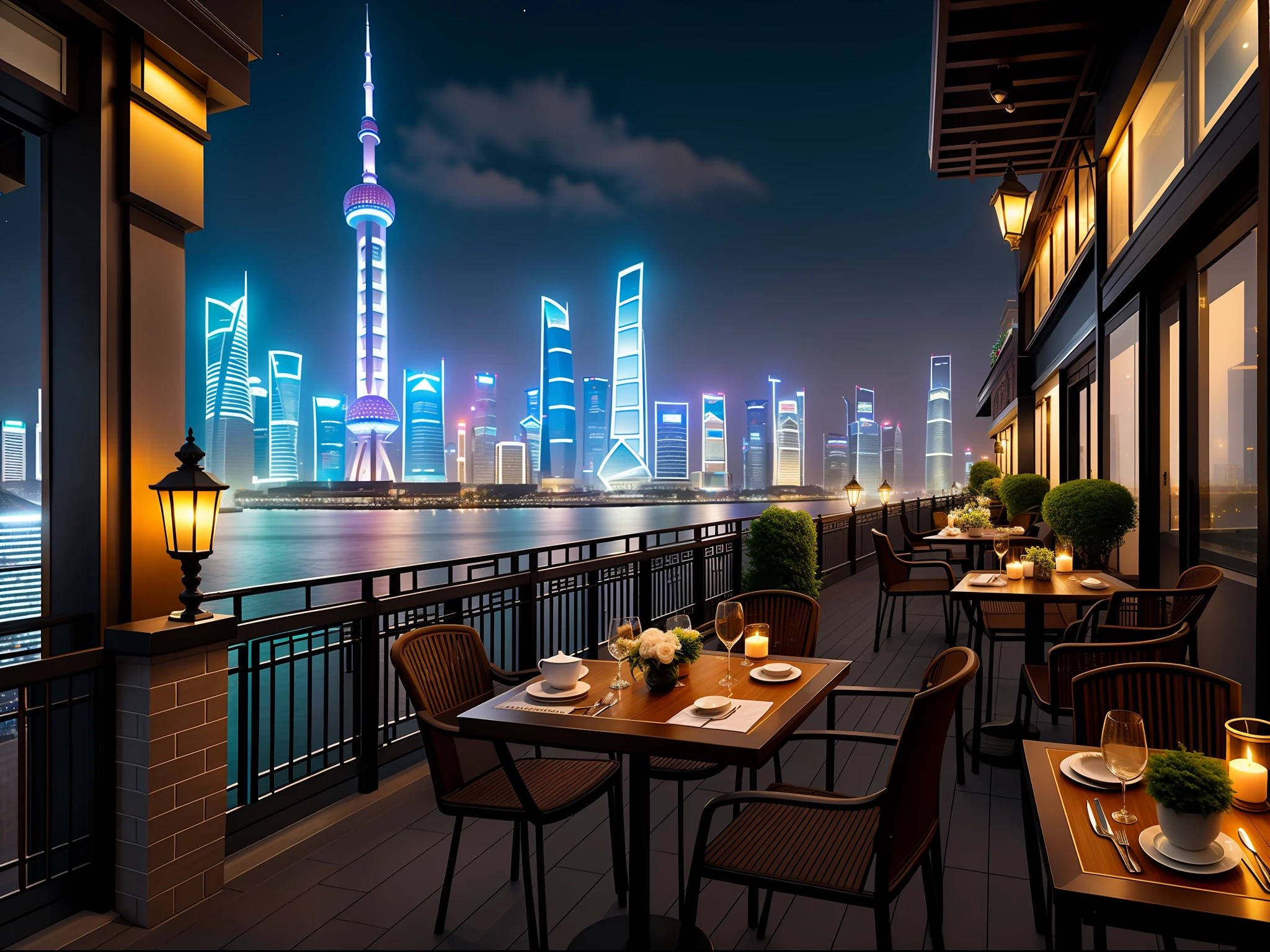 "Table and Chairs on the Terrace" HD night scene, capturing the charming scenery of Shanghai Pudong, realistic and real, dreamy display in the picture, focusing on the night scene, feeling the visual feast, character authors William Berra and Denis Eden, will bring you into the night city of a different style.