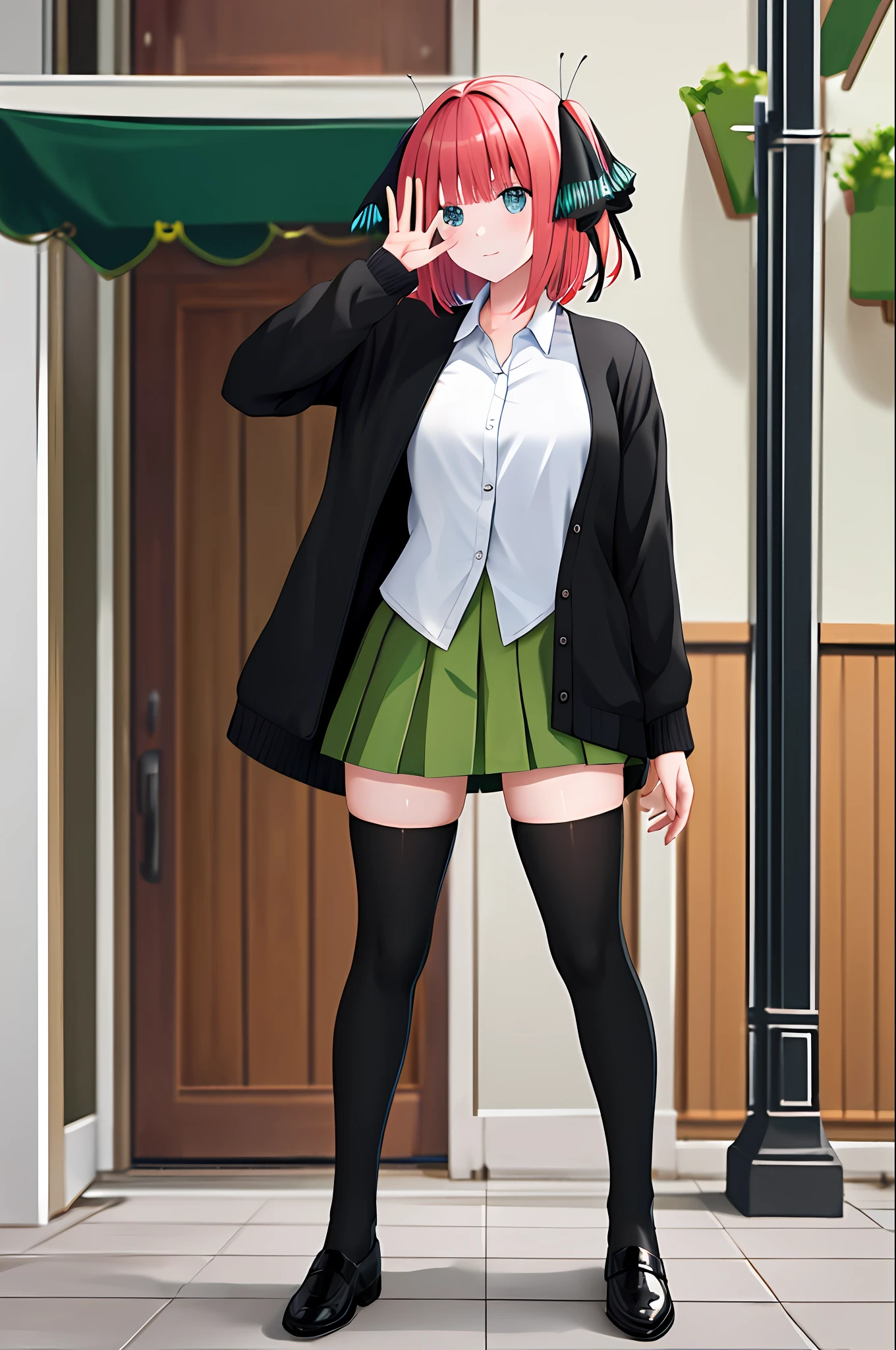 masterpiece, best quality, highres, nn1, 1girl, hair ribbon, short hair, green skirt, white shirt, black cardigan, open clothes, white thighhighs, long sleeves, cowboy shot, standing, waving, full body, (stocking),