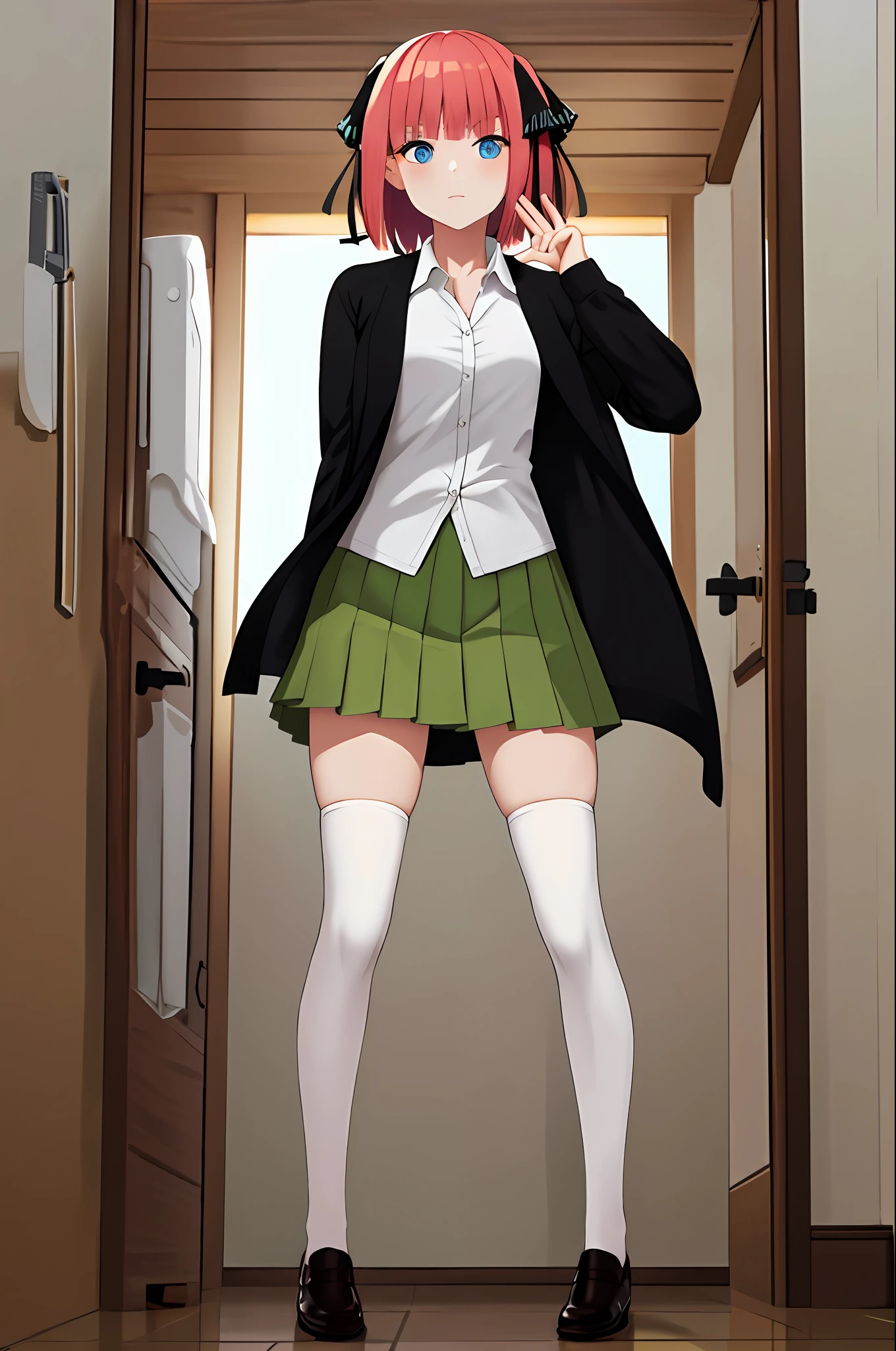masterpiece, best quality, highres, nn1, 1girl, hair ribbon, short hair, green skirt, white shirt, black cardigan, open clothes, white thighhighs, long sleeves, cowboy shot, standing, waving, full body, (stocking),