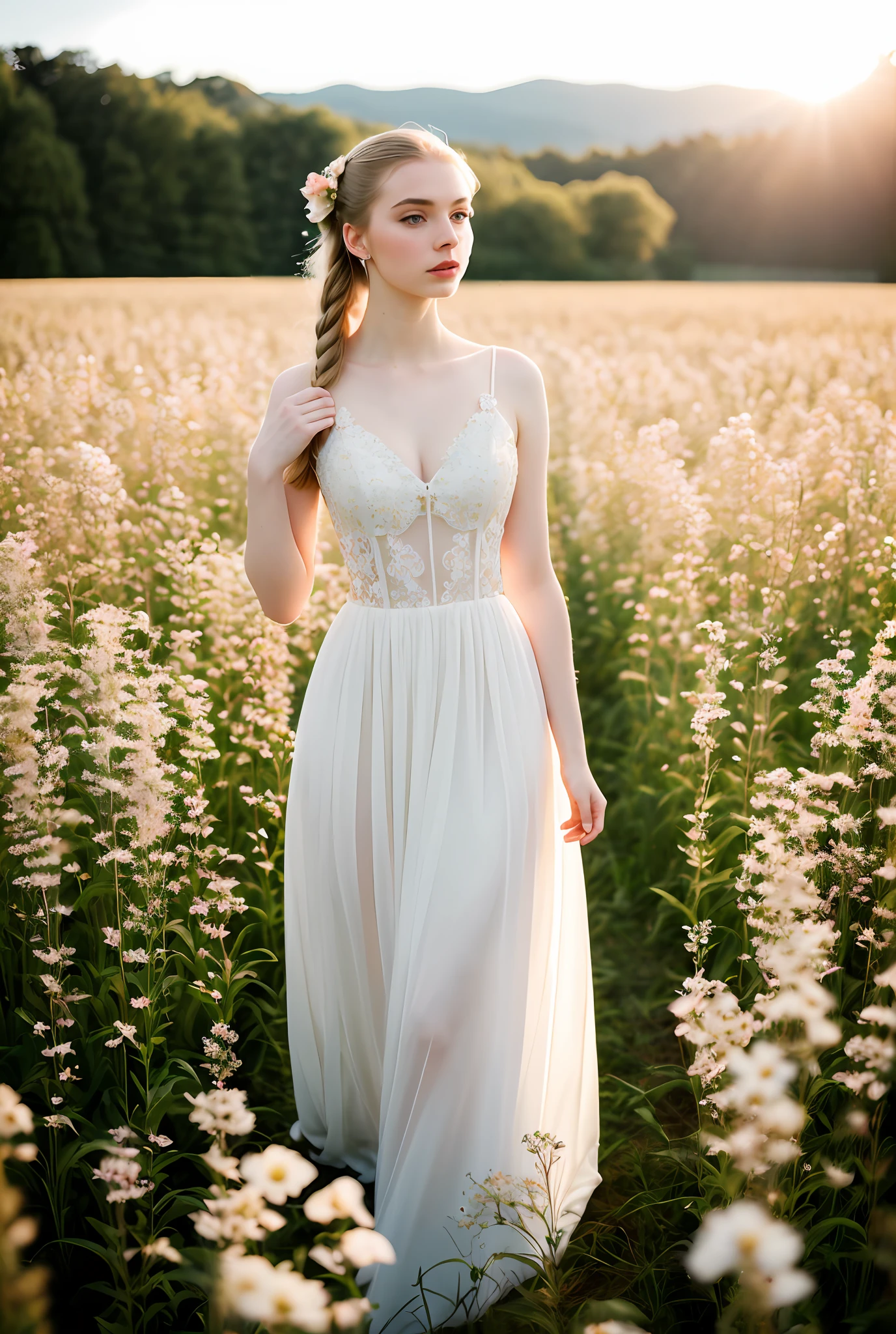 masterpiece, best quality, hyperrealistic, cinematic photo,  innocent 22yo woman, pale skin,
teutonic,
amazing hourglass body,

prom dress,
ponytail blonde hair,
large breasts,

(flower field background),
modern style,
(8k, epic composition, photorealistic, sharp focus),
elaborate background,
dslr,
film grain,



backlight,