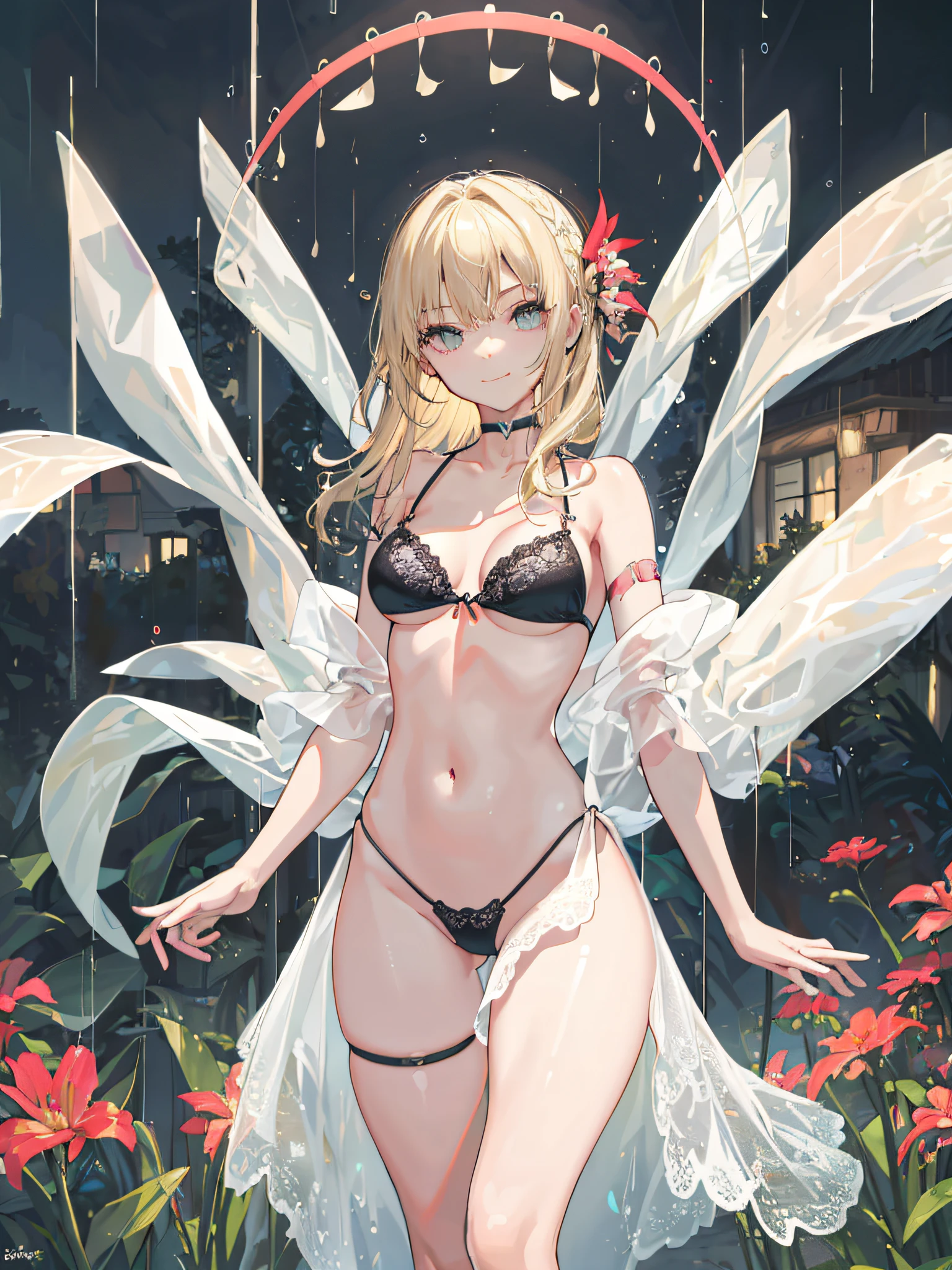 ((masterpiece)), (best quality), (detailed), (1 girl),  (condom belt:1), standing, micro bikini, condom in mouth, front-tie bikini top, (closed mouth:1.2), thigh strap,smile,big breast,beach,(blonde hair),slender body,large breasts