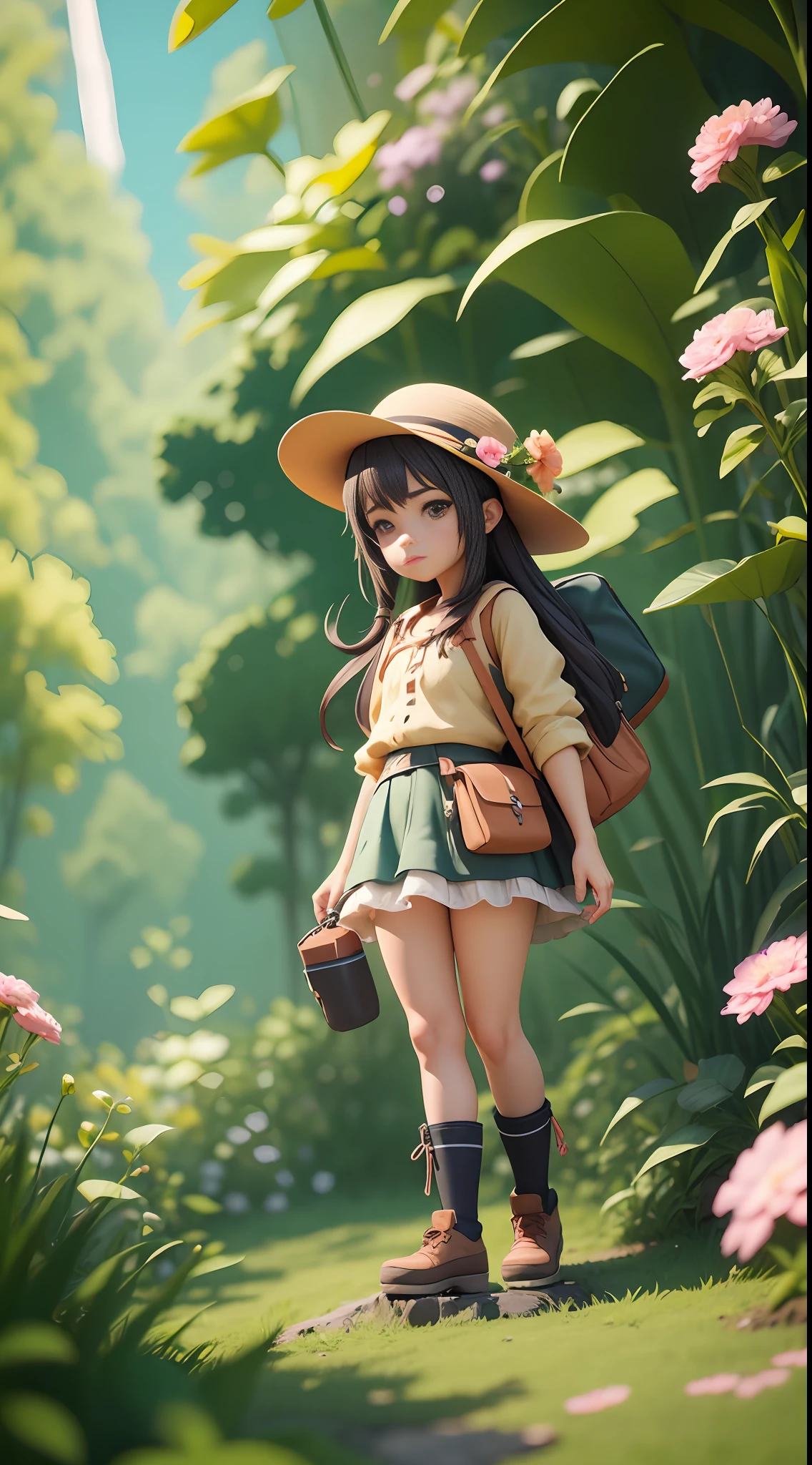 A cartoon character in a hat, female explorer mini cute girl, front face, spring wilderness, jungle of flowers, blooming flowers, long range shot, wide angle, animation style rendering, cute 3 D rendering, small characters. Unreal Engine 5, stylized anime, cute detailed digital art, Atey Ghailan 8 K, stylized 3D rendering, adventure surreal rendering, anime style 3D, 3D rendering stylized