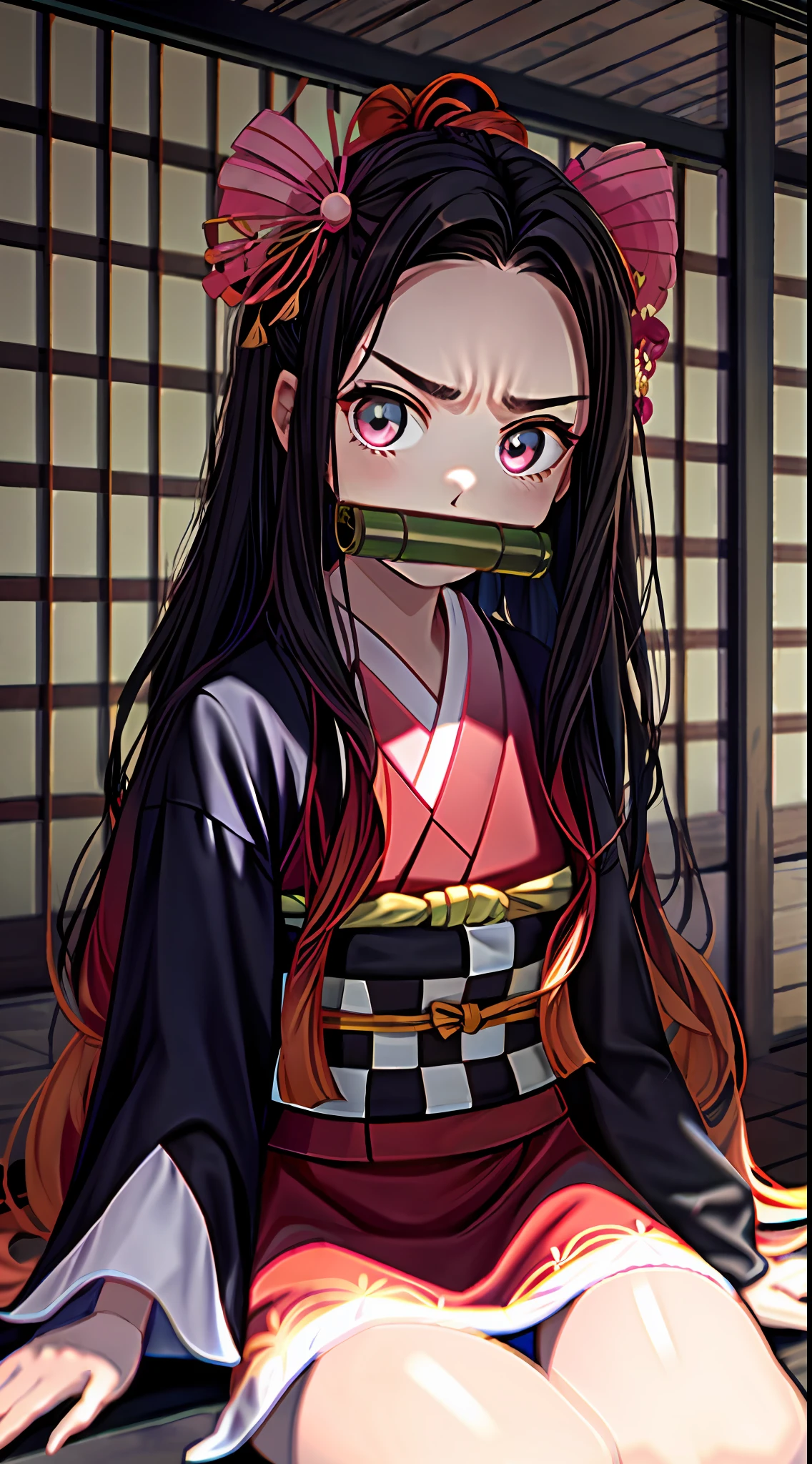 Masterpiece, Best Quality, High Resolution, venus1, 1girl, solo, Tsuko Kamato, Bamboo, bit gag, brown hair, checkered belt, gag, gradient hair, hair ribbon, haori, japanese clothes, kimono, long hair, looking at the audience, colorful hair, orange hair, pink eyes, pink kimono, pink ribbon, ribbon, solo, upper body, (((masterpiece)), frontal, sitting, cute, puffed cheeks, angry, wide eyes