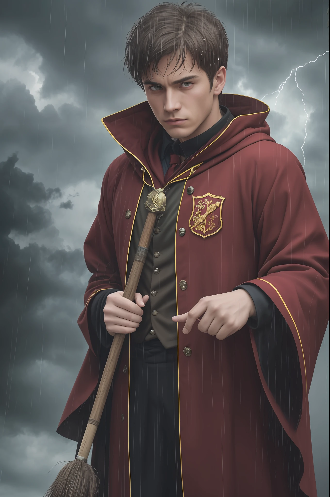 Enter the world of Gryffindor Quidditch as a single male player stands amidst a heavy downpour, rain cascading around him. With his short ginger hair and a well-groomed beard, he exudes a sense of rugged charm and determination. At 25 years old, his slim and fit physique attests to his agility and athleticism on the Quidditch pitch.
Dressed in his Gryffindor Quidditch uniform, his soaked robes cling to his body, accentuating his muscular frame. The vibrant colors of Gryffindor House contrast against the stormy backdrop, symbolizing his unwavering loyalty and courage.
With his broomstick held firmly in his hand, he gazes upward at the unforgiving sky. Raindrops bead on his determined face, tracing a path down his strong jawline. His eyes, filled with a mix of focus and resilience, reflect his unwavering dedication to the game.
The heavy rain intensifies the atmosphere, creating a sense of challenge and determination. The stormy clouds overhead add a dramatic touch, mirroring the fierce competition that lies ahead. Lightning flashes in the distance, casting an occasional glow upon the scene.
In this portrait, capture the dynamic tension between the quidditch player and the elements. Emphasize the details of his expression, showcasing his unwavering determination and undying passion for the game. Highlight the water droplets clinging to his robes, enhancing the sense of motion and intensity.
Through artistry and attention to detail, bring this portrait to life and inspire viewers with a sense of resilience and unwavering dedication. May it serve as a reminder to embrace challenges head-on, to push the boundaries of what is possible, and to always strive for greatness, just like this Gryffindor Quidditch player standing strong in the face of the storm.