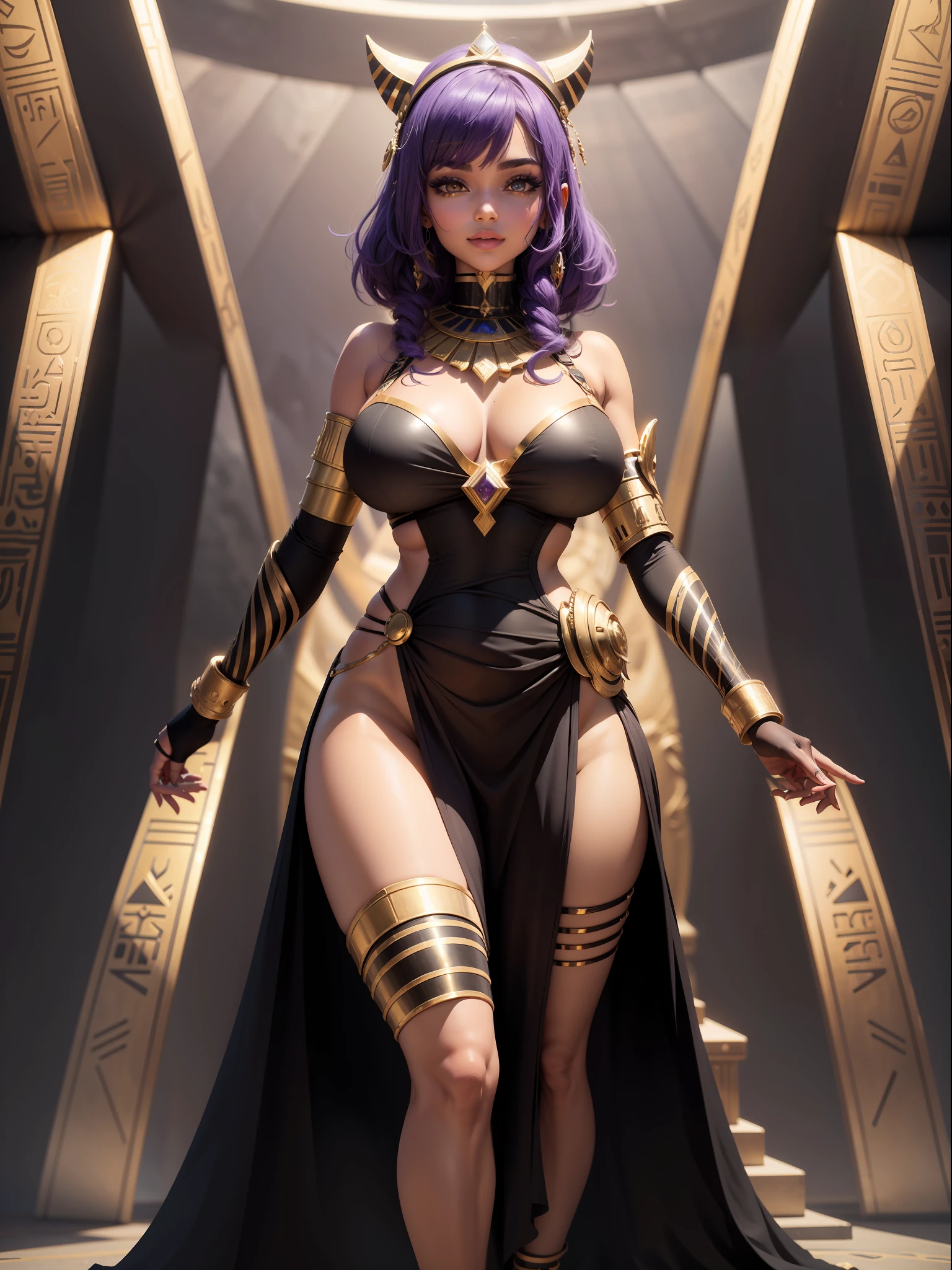 (Full body photo), Saria has large breasts, emo on her head, black color with golden parts/futuristic Egyptian costume with bands wrapped around her body like a mummy, extremely tight on her body, she is inside a pyramid in front of an altar, she has purple hair, blue eyes, is looking at the viewer, smiling, blushed face, Futurism, 16k, UHD, retina, masterpiece, ccurate, anatomically correct, best quality, high quality, textured skin