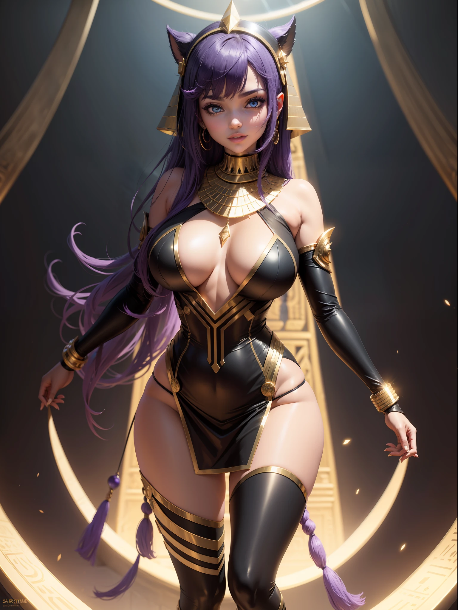 (Full body photo), Saria has large breasts, emo on her head, black color with golden parts/futuristic Egyptian costume with bands wrapped around her body like a mummy, extremely tight on her body, she is inside a pyramid in front of an altar, she has purple hair, blue eyes, is looking at the viewer, smiling, blushed face,  Futurism, 16k, UHD, retina, masterpiece, ccurate, anatomically correct, best quality, high quality, textured skin