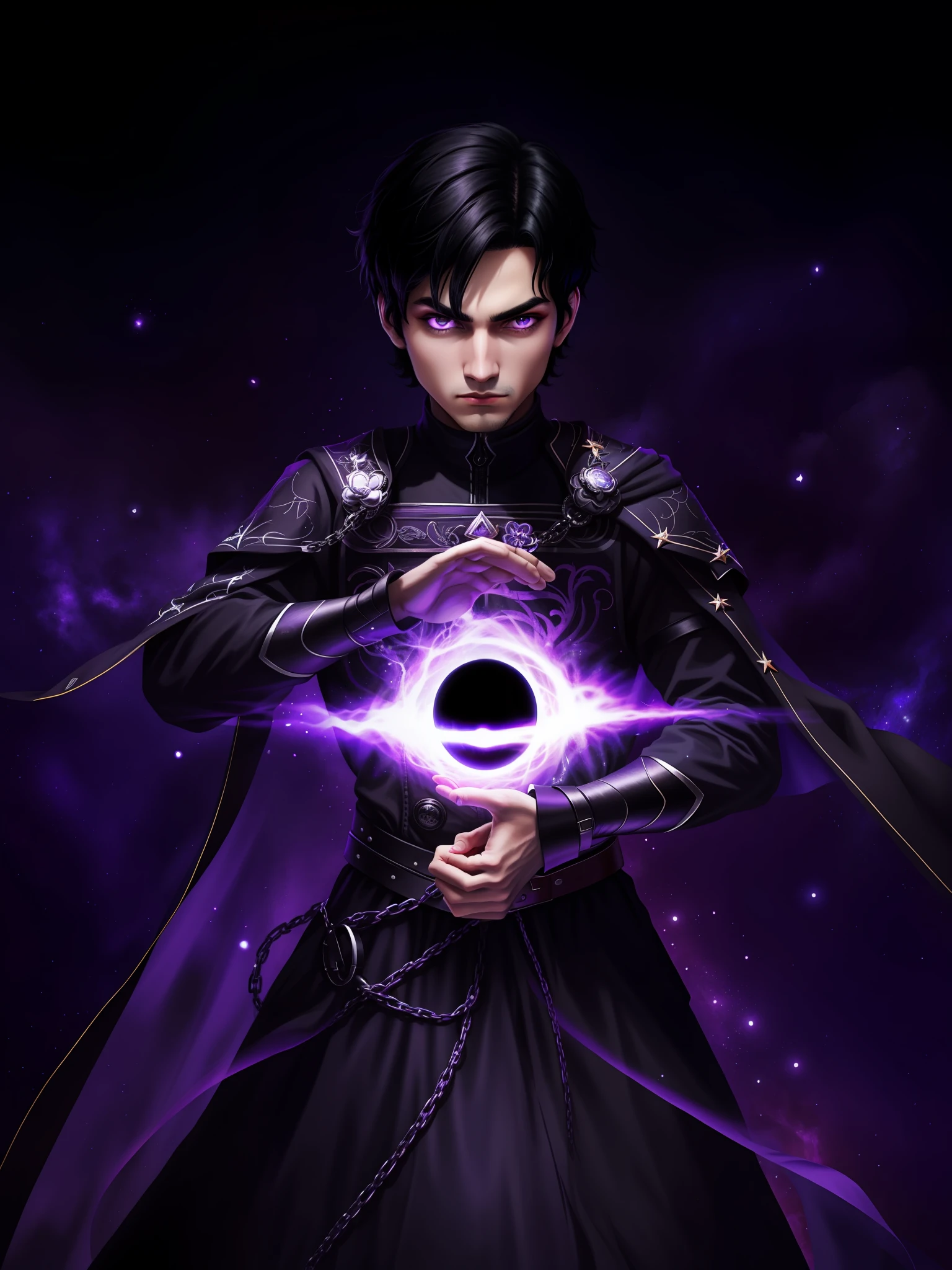 Man with short black hair, purple eyes