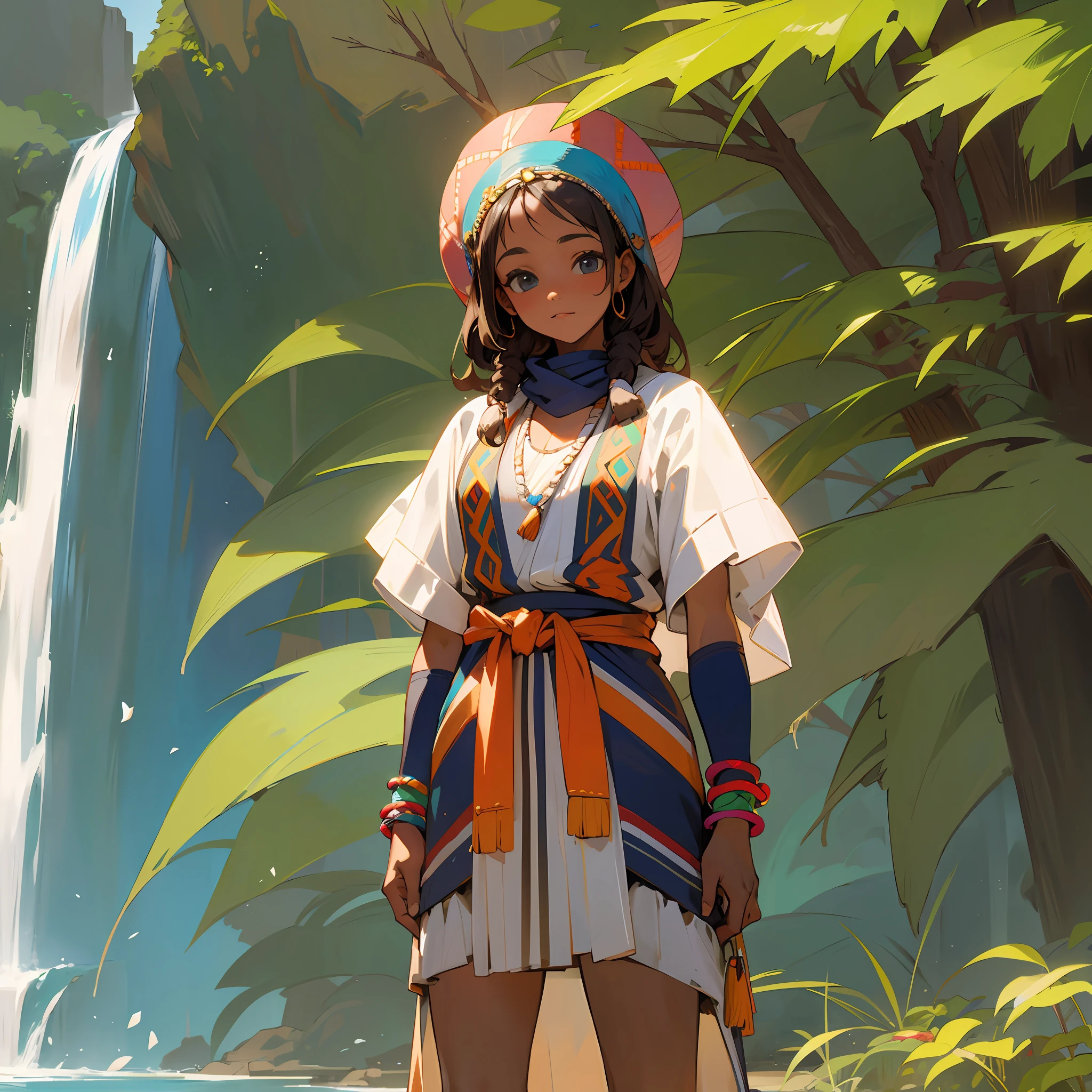 Young brunette, standing in a waterfall, in typical African costumes. --auto --s2