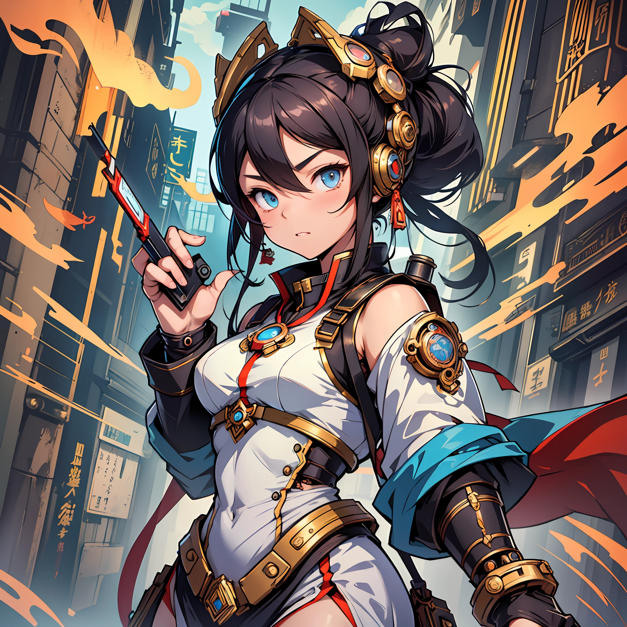 Little Nezha, girl's face, cute and exquisite, steampunk style, background mecha, fine depiction, the lens is centered on Little Nezha, the angle is dynamic and vivid, the costume is peculiar and unique, and the mechanical elements are integrated with nature. --auto --s2