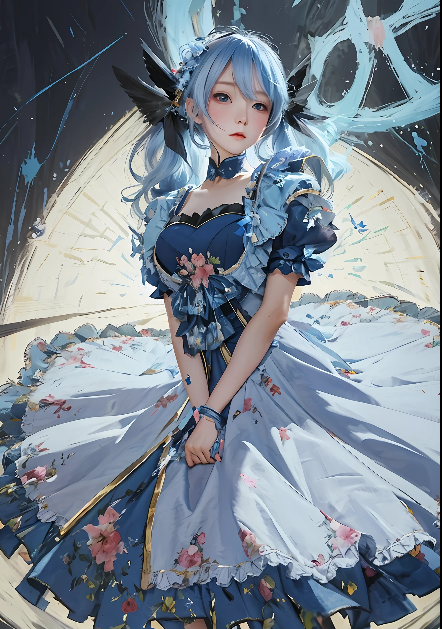 Hyper-realism, realism, film style, - style image of woman in blue dress and blackbird, cute anime Huaifu in beautiful dress, pop in art station pixiv, loli in dress, digital art in pixiv, guvitz in pixiv art station, guvitz in artstation pixiv, anime style 4 k, kusart krenz key art feminization