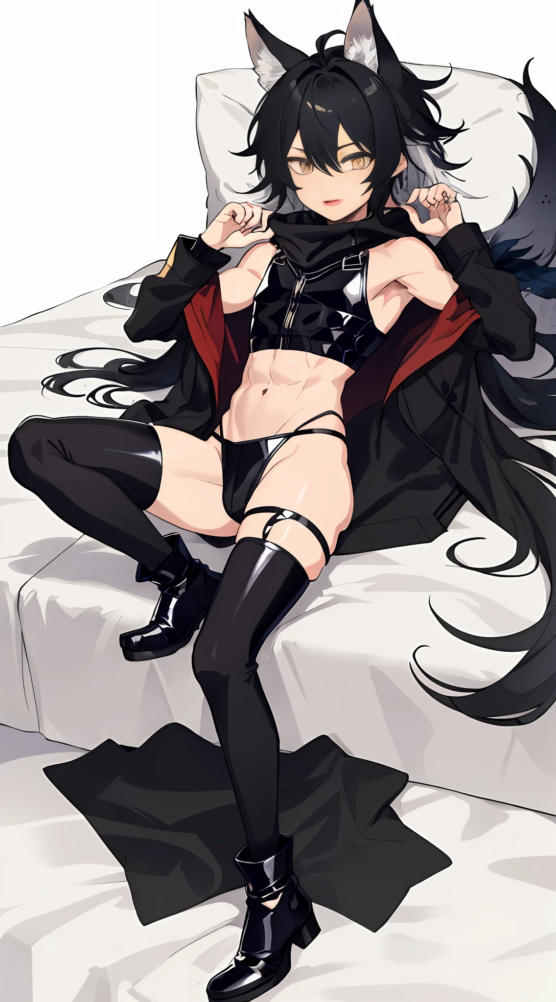 1boy, toned, sharp wolf ears, wolf tail, black messy hair, golden eyes, HD, masterpiece, vibrant, black boots, dead expression, thigh highs, booty thong, bulge crop top