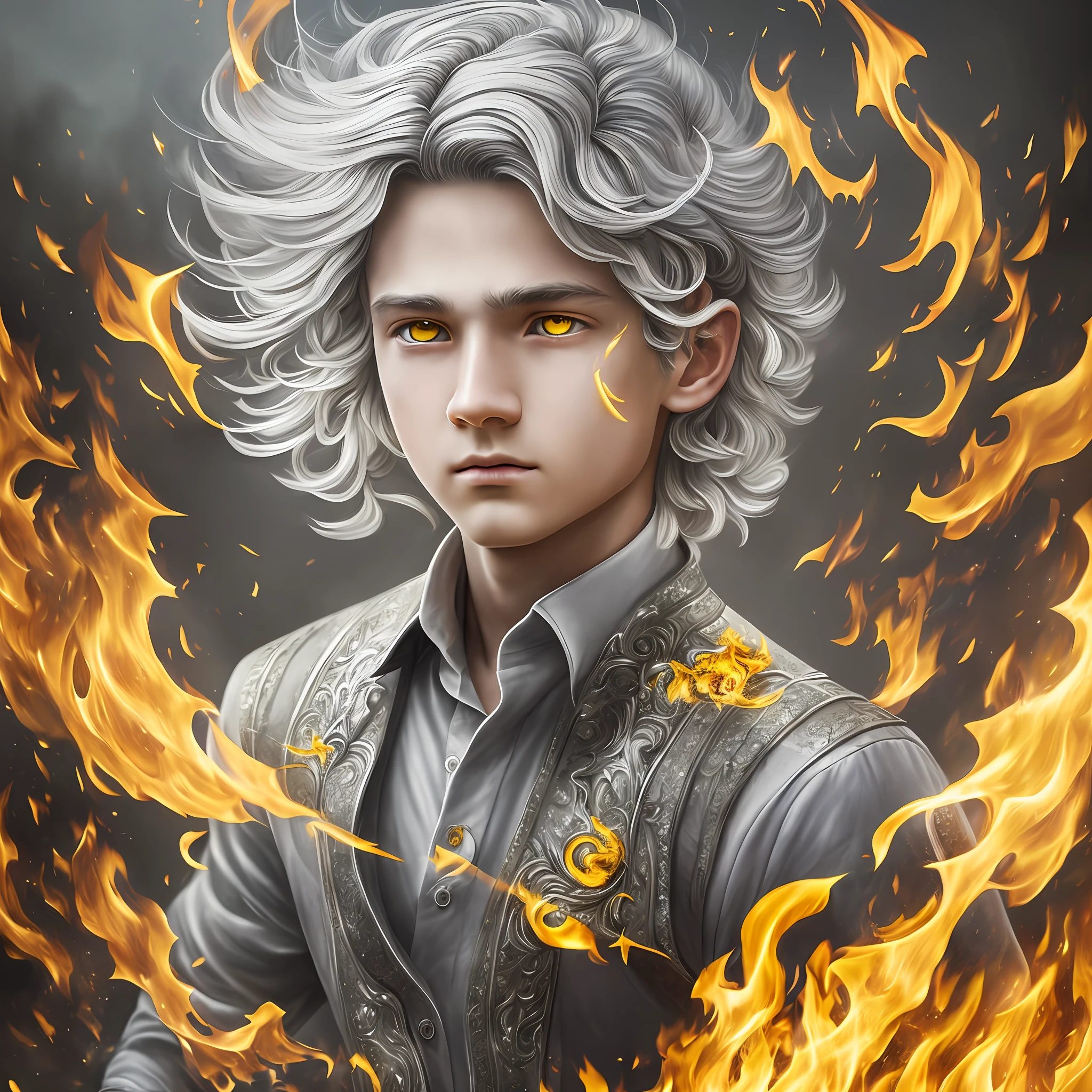 Drawing, fantasy, realism, high detail, duet, portrait, guy (detailing), ((with light gray hair)), ((with yellow frightened eyes)), (face detailing), in a shirt and trousers (detailing clothes), hands covered with fire, dynamic pose, fighting fire (detailing), (cave detailing), 8kk --auto --s2